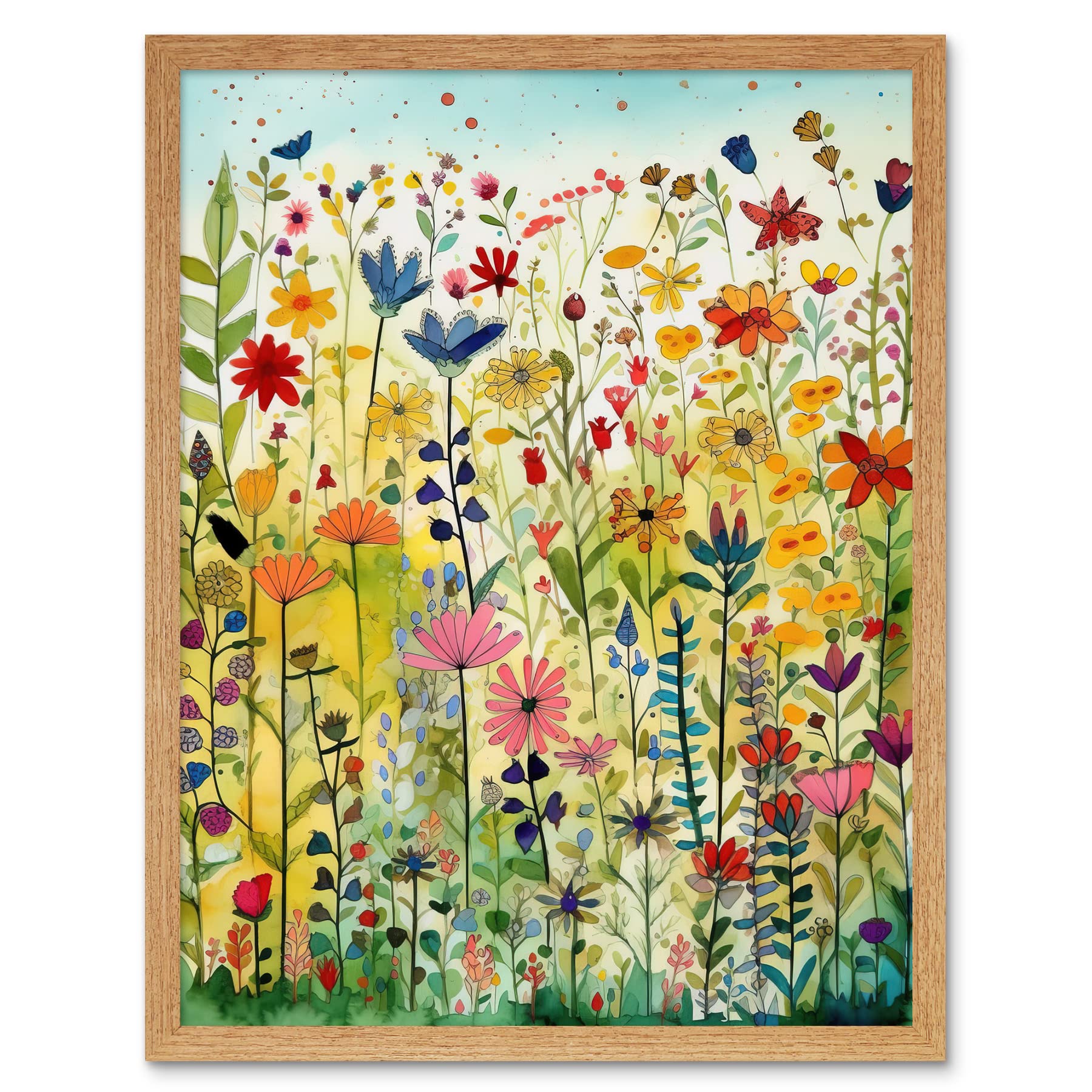 Artery8 Mixed Wildflower Bloom In Meadow Folk Art Art Print Framed Poster Wall Decor 12x16 inch