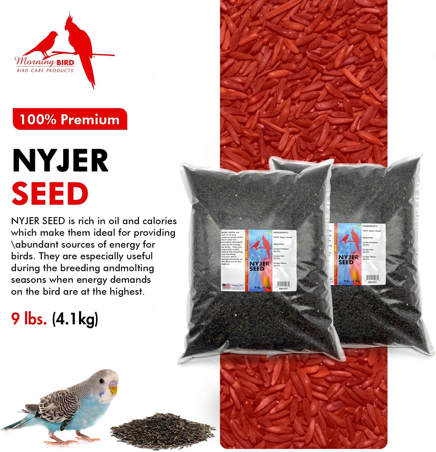 Morning Bird Nyjer Seed for Birds 18 lbs (2-Pack, 9 lbs Each) – Rich in Natural Healthy Fats – Ideal for Breeding & Molting – Premium Bird Food for Canaries and Other Seed-Eating Birds