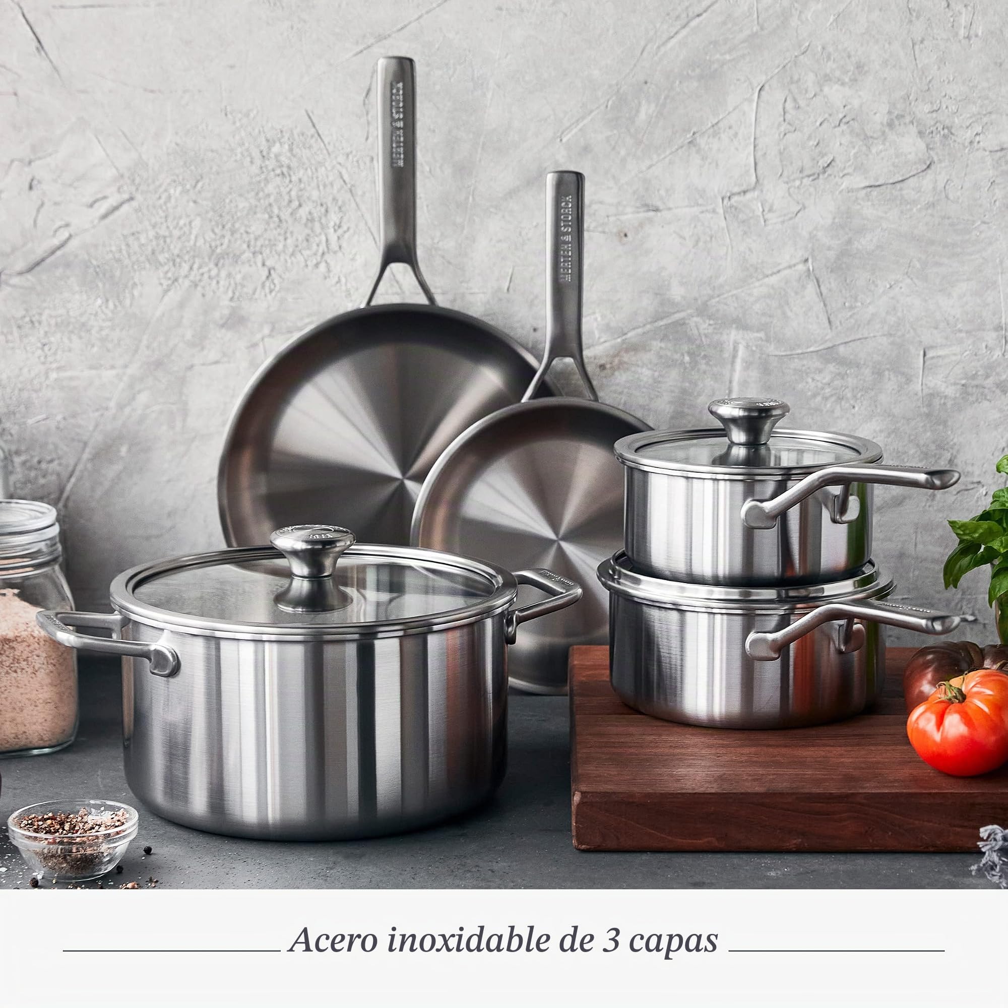 Merten & Storck Tri-Ply Juego de 8 Ollas y Sartenes de Scero Inoxidable Tricapa para Inducción, Incluye sartenes, cacerolas, ollas y tapas, Multicapa, Apto para Horno y Lavavajillas, Plata