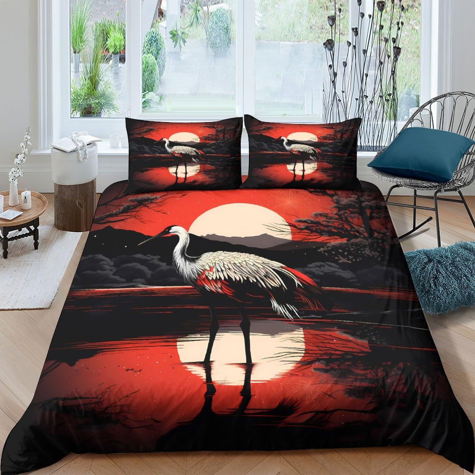 Ctjqhvkz Style-7 3D Printed Red Sunset Crane Fitted Sheet Microfiber Machine Washable Black Landscape Mattress Cover Bedroom Decor Single（135X200cm）