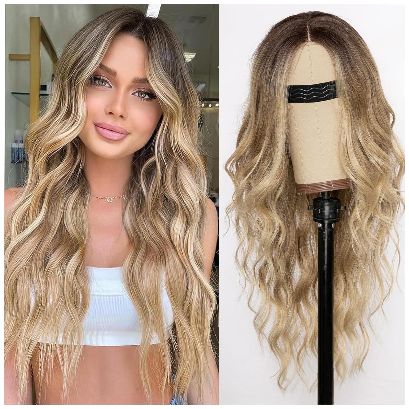 Peluca Sintética de Onda Natural Larga Ombre Marrón a Dorado para Mujer Carnaval Cosplay