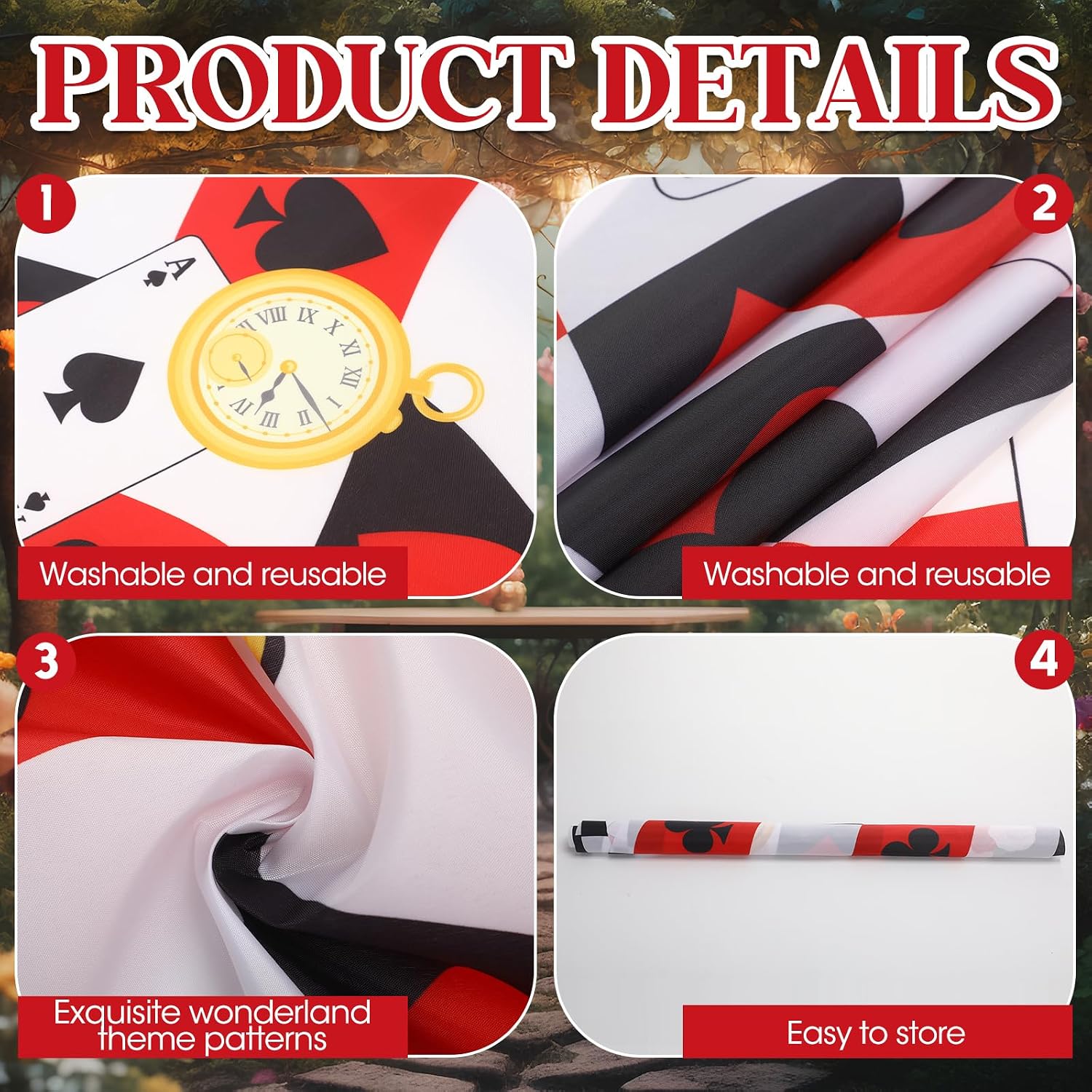 Capoda 1 PC Wonderland Party Decoration Poker Aisle Runner Rug 23.6" x 118" Black White Red Casino Playing Cards Clock Carpet Halloween Wonderland Tea Party Backdrop Art Decor for Birthday Baby Shower