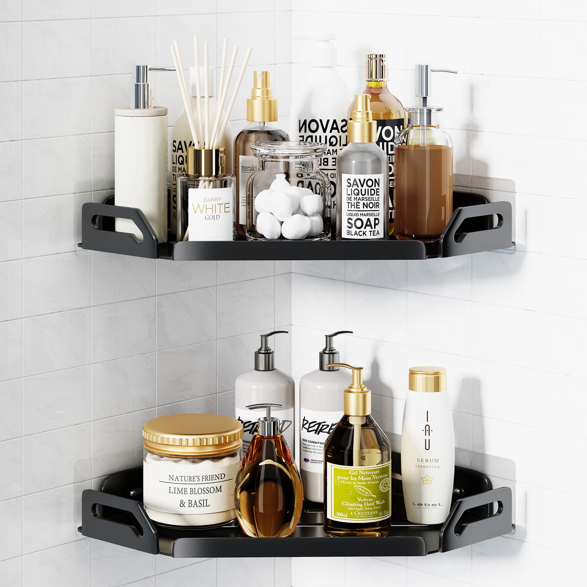 Outiva 2 Pack Corner Shower Caddy Stainless Steel Adhesive Shower Organizers Rustproof Shower Shelves with 4 Hooks No