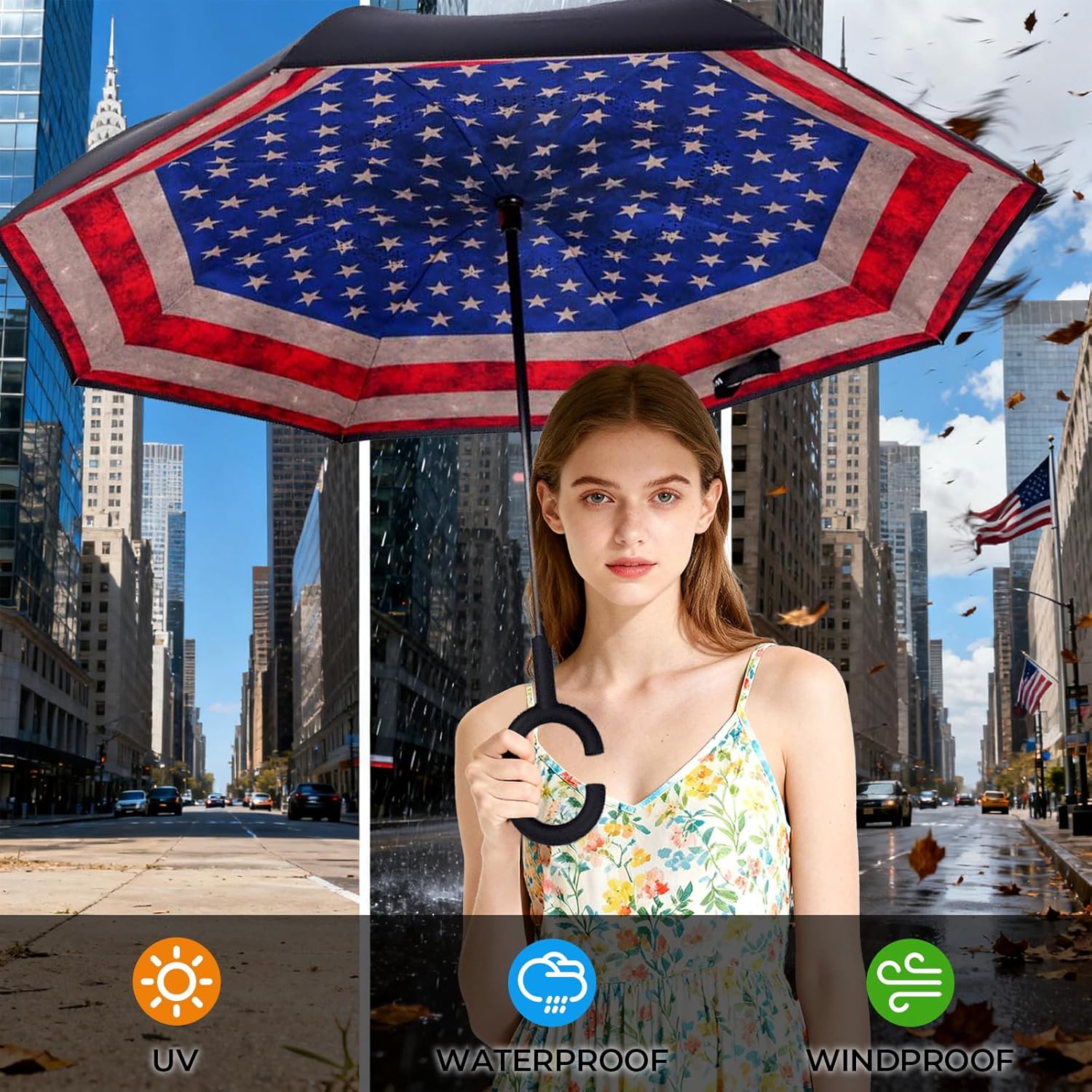 Inverted Umbrella, 49 Inch Double-Layer Vented Reverse Umbrella, Windproof Waterproof UV Protection, Lightweight C-Handle, Fiberglass Ribs, Steel Shaft, Travel/Commute/Car Use, With Sleeve - Image 4