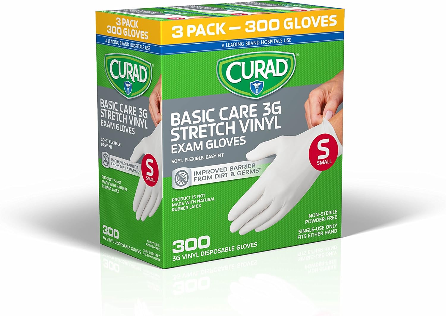 Curad Basic Care 3G Stretch Vinyl Exam Gloves, Powder Free, Small, 100 Count (Pack of 3)