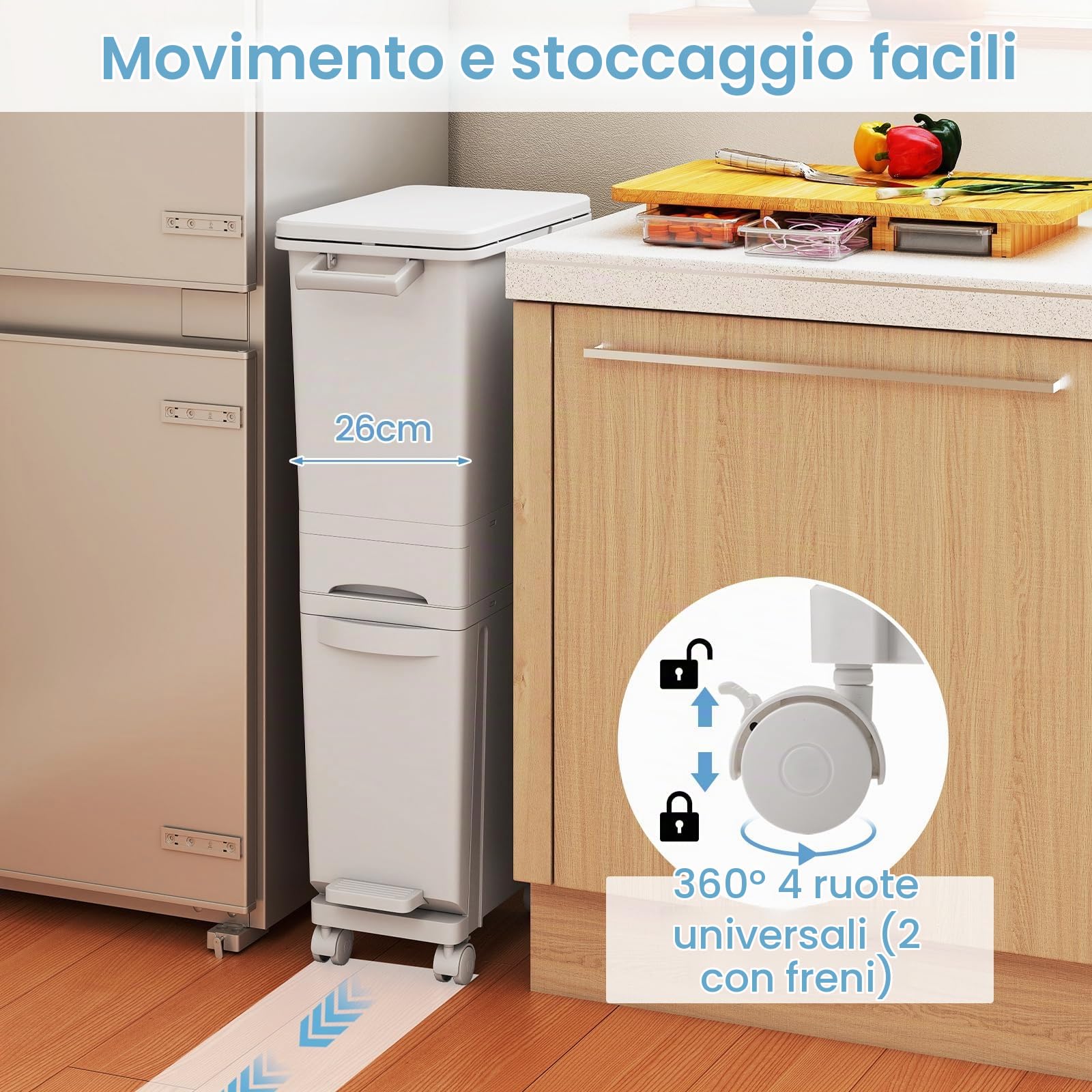 RELAX4LIFE Pattumiera con Raccolta Differenziata 32L, 3 Scomparti Interni, Cassetto e Apertura a Pedale, Maniglia, Gancio, Ideale per Uso Interno ed Esterno (BIANCO)