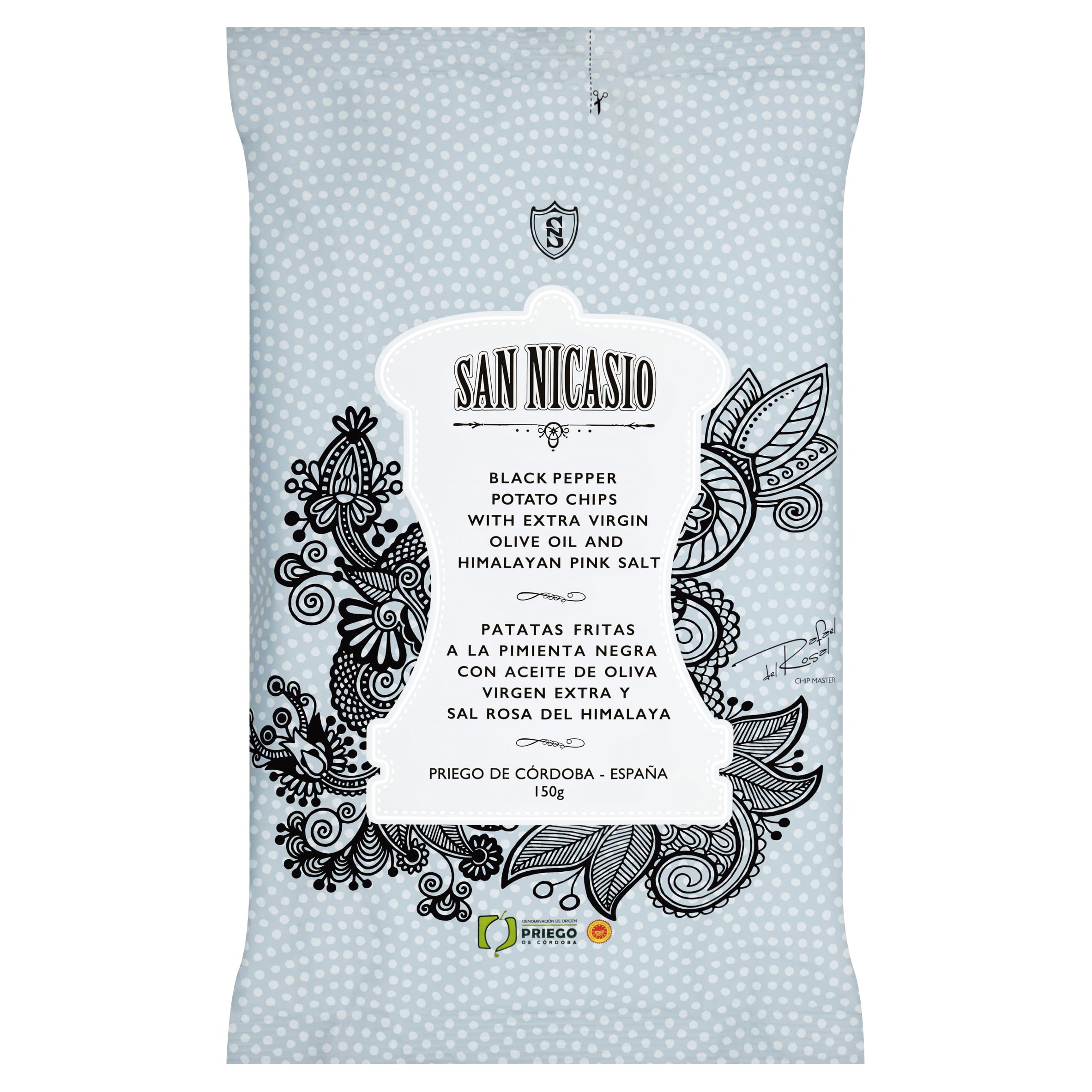 SAN NICASIO - Patatas Fritas Gourmet con Pimienta Negra y Sal Rosa del Himalaya | Pack 14 Bolsas de 150 g | Elaboradas con Aceite de Oliva Virgen Extra con D.O.P. Priego de Córdoba