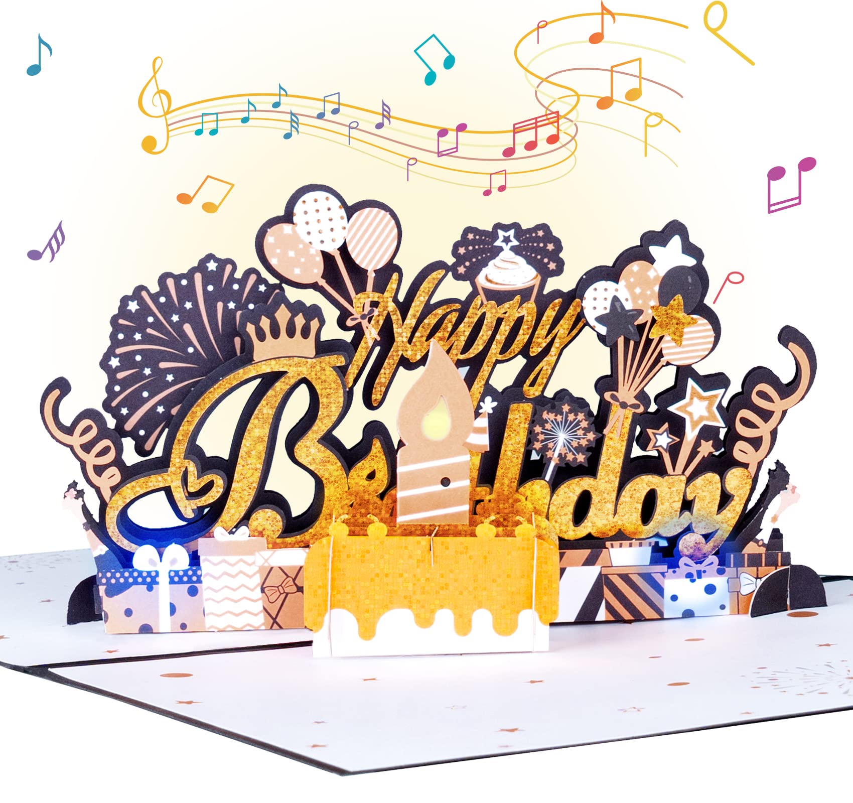 ABSOFINEPop Up Birthday Card, Light changing 3D Happy Birthday Card with Blow out candles & Happy Birthday Song, Black Gold Birthday Greeting Card for Women, Men Adult, 6" x 8"