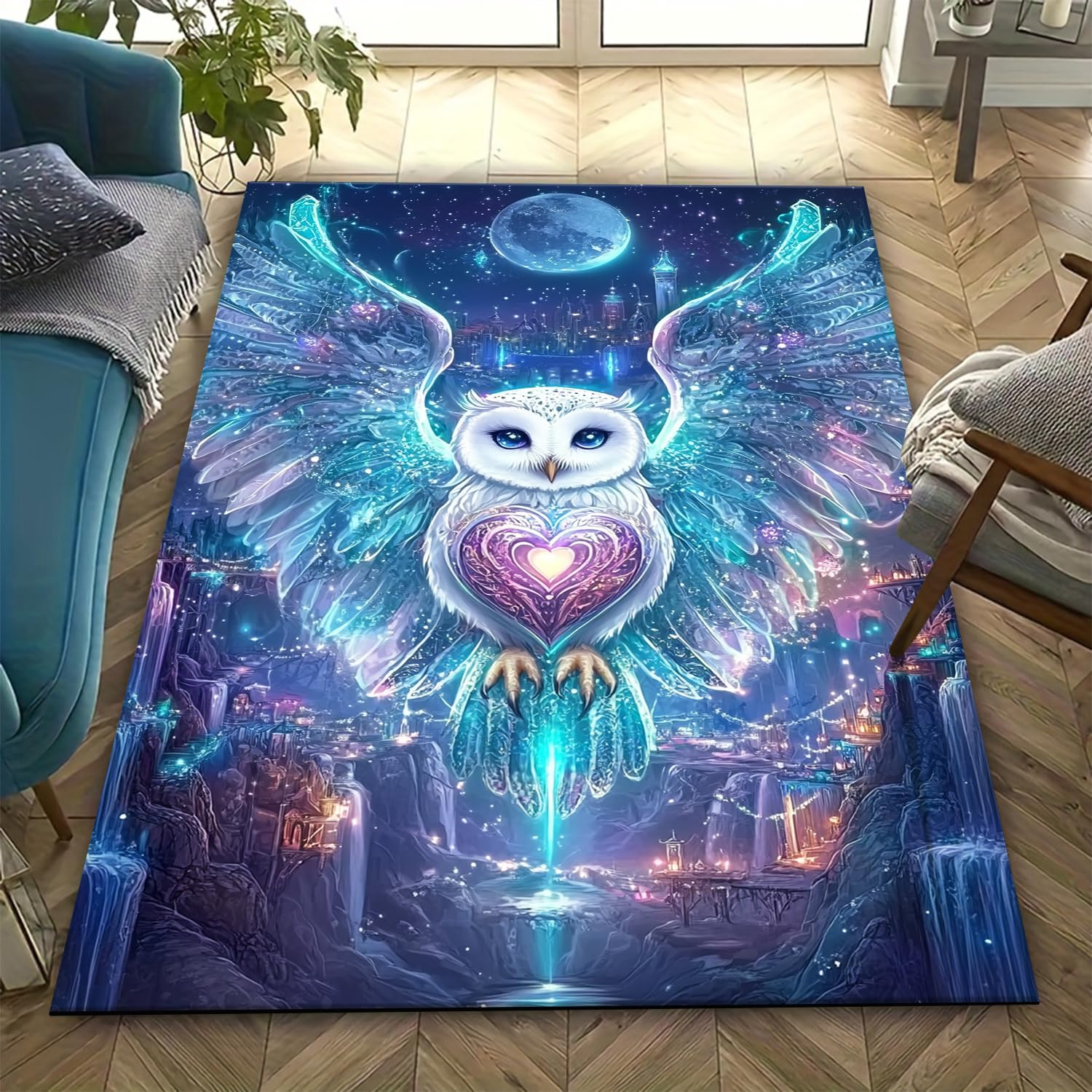 Tapis Salon Hibou 3D Imprimé Tapis de Sol Chambre Cuisine Antidérapant