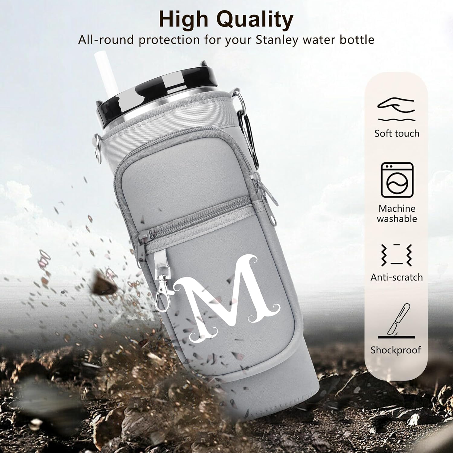 LOKASS Initial Water Bottle Holder with Upgrade Canvas Strap for Stanley 30 oz Tumbler, Gift for Mom Mother's Day Day gifts with Phone Pocket, Personalized Accessories for Stanley Cup, Grey - Z