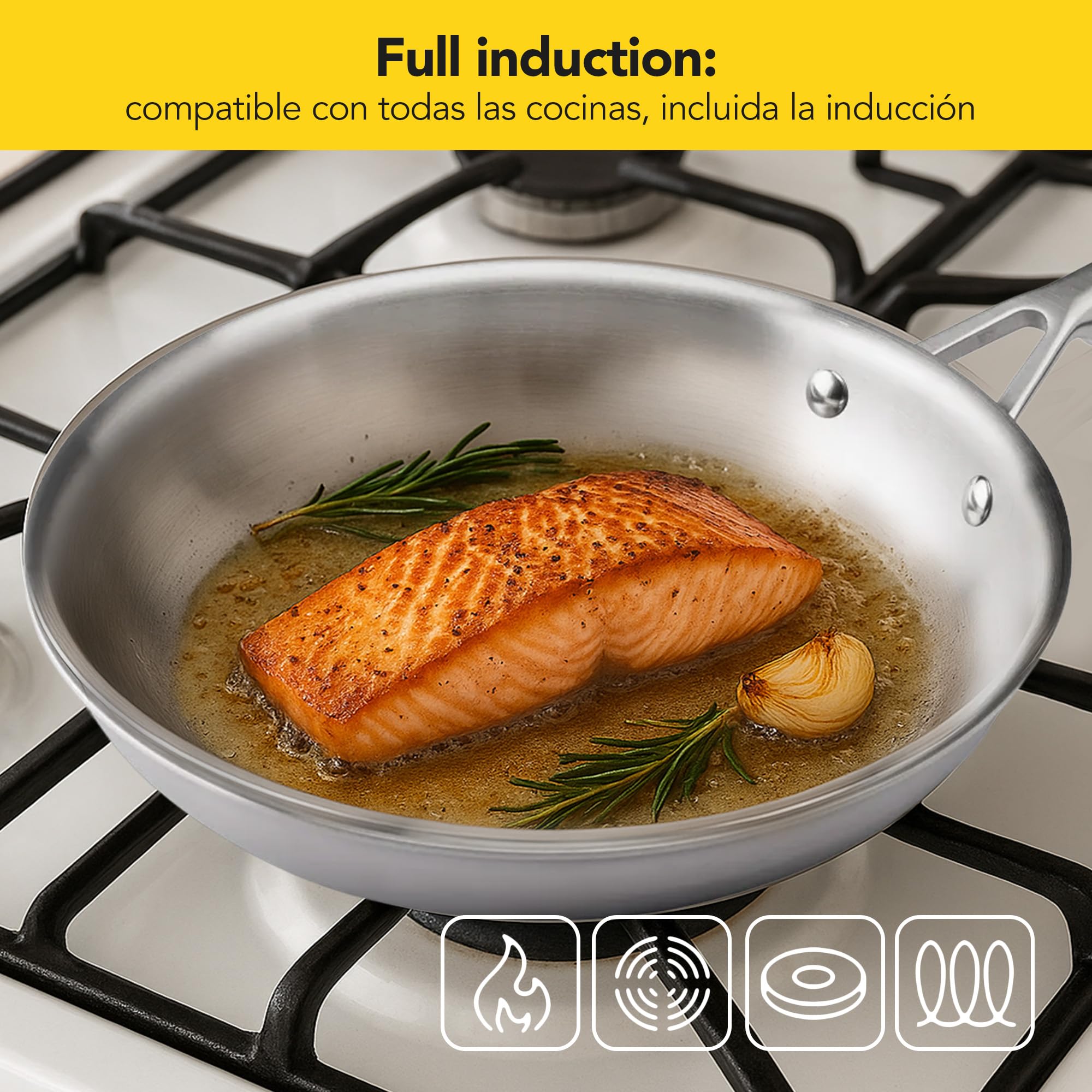 Castey - Sartén de Trimetal Malmö, Modelo M-S28, Tamaño 28 cm, Tricapa de Acero Inoxidable, Base Full Induction, Apta para Todas las Cocinas