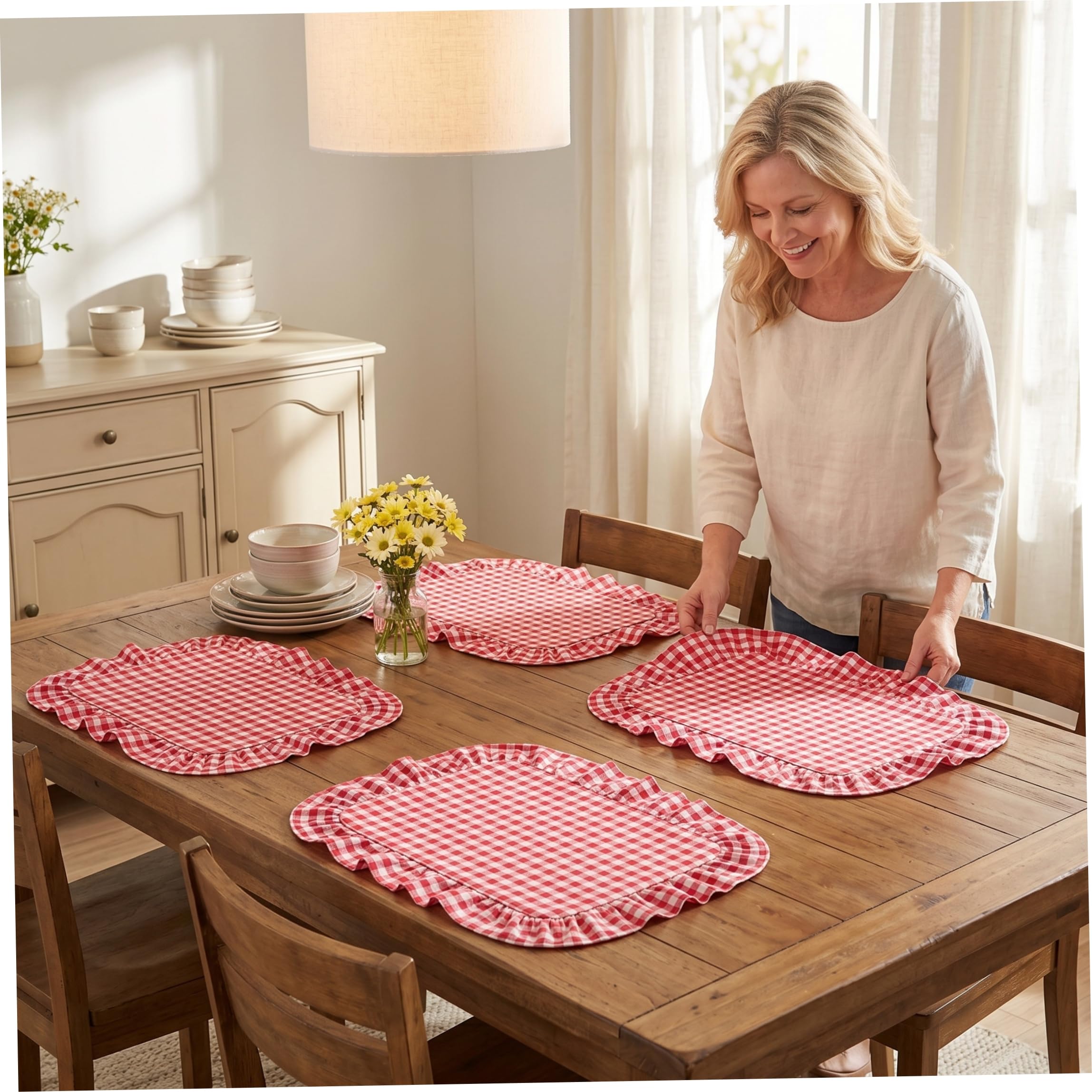 Set Of 4 Scalloped Gingham Placemats, 13.78x17.72 Inch Scalloped Placemats, Cotton Ruffle Edge Table Mats, Red Plaid