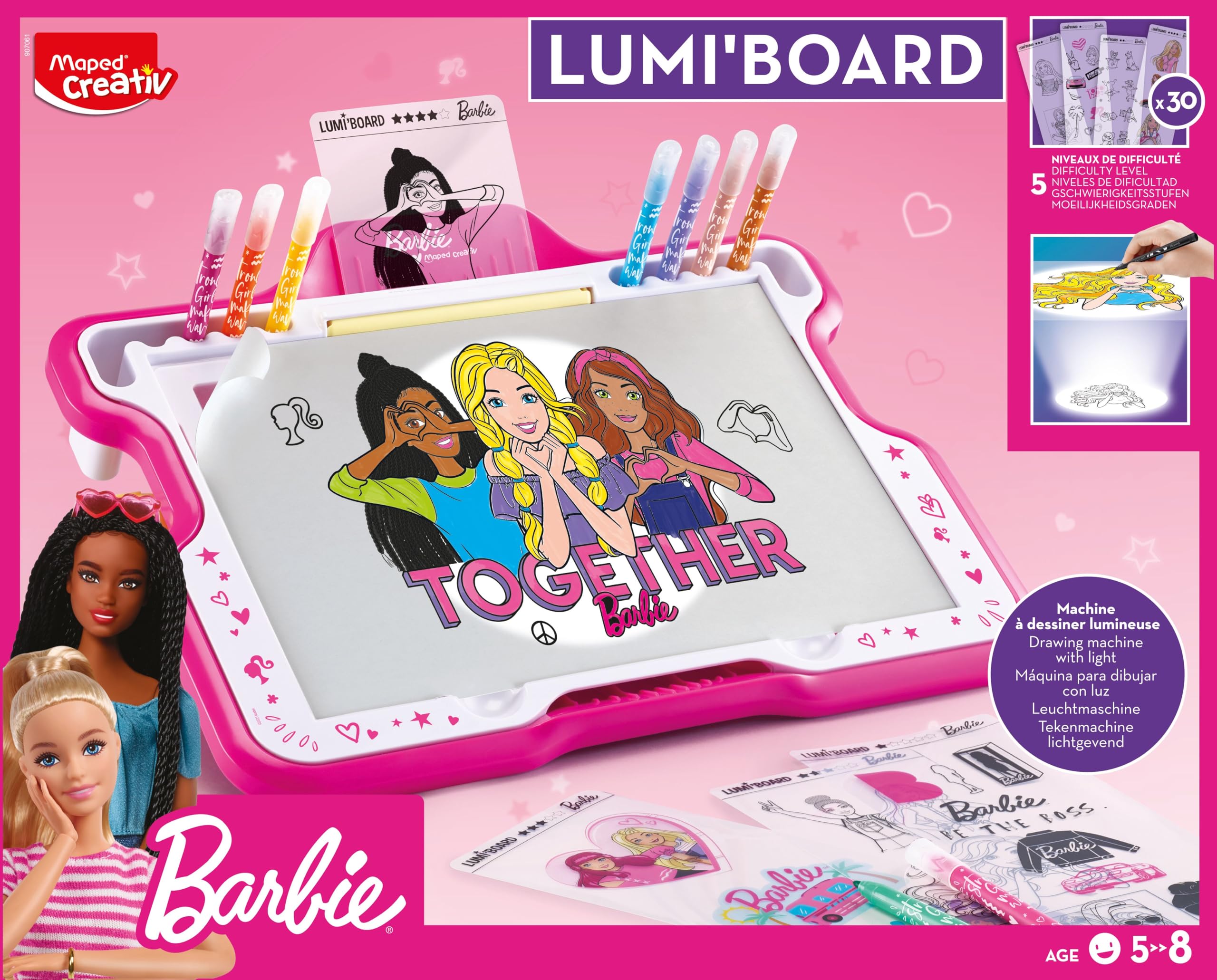 Maped Creativ - Barbie Lumi Board - Stół do rysowania ze światłem - Kolekcja Creativ - 30 szablonów Barbie - Zawiera osłonę słoneczną i markery - od 5 lat