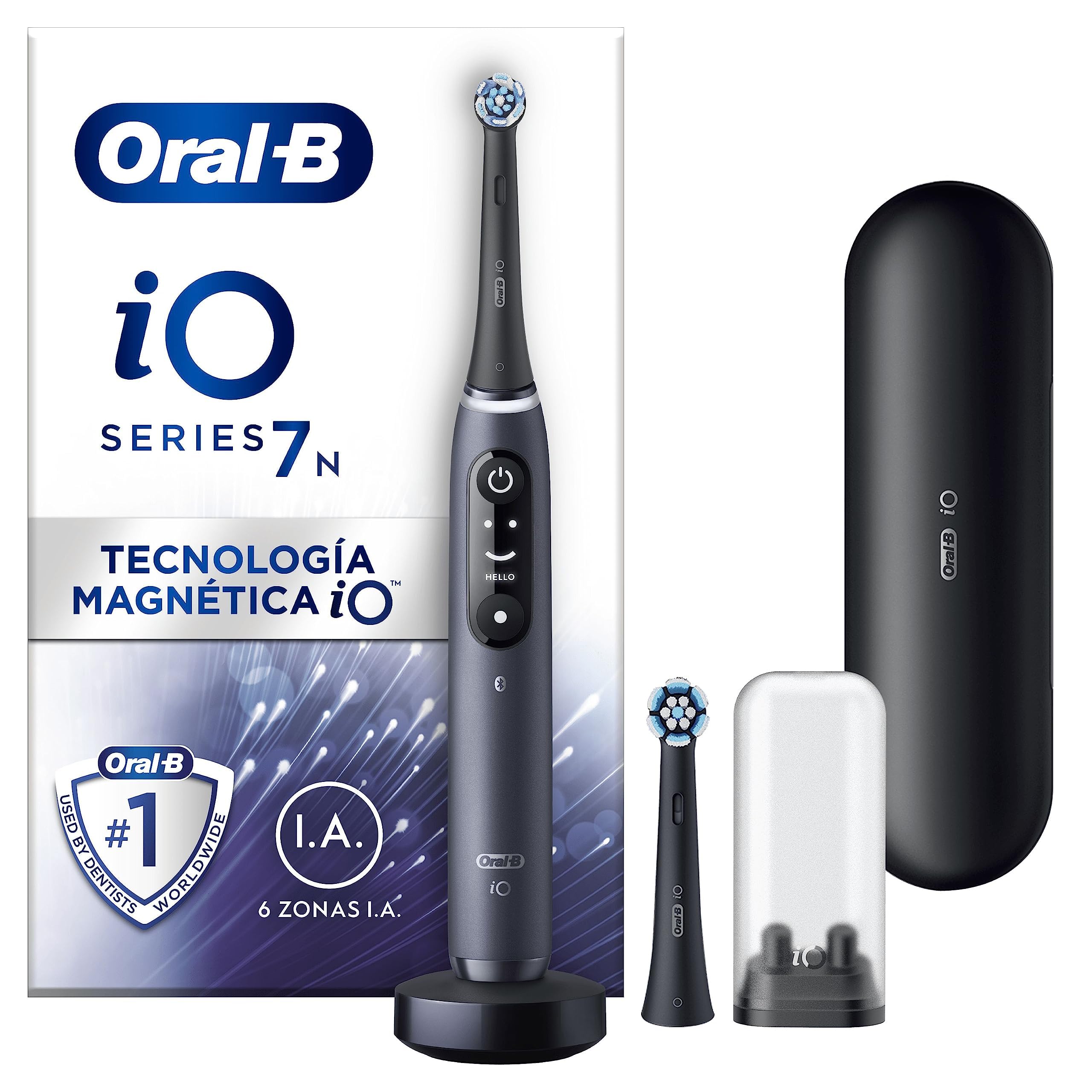 Oral-B iO7N Cepillo de Dientes Eléctrico con Mango Recargable,TecnologÃa Magnética iO,2 Cabezales de Recambio,Pantalla Interactiva Blanco/Negro,Cargador y Funda de Viaje - Negro