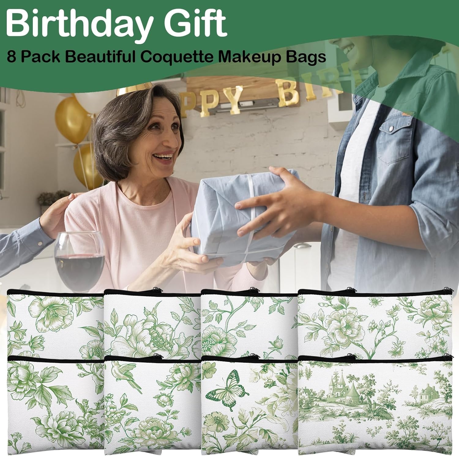 24 Pcs Floral Cosmetic Bags Bulk for Women Sage Green and White Floral Makeup Bags Chinoiserie Canvas Travel Zipper Pouches Aesthetic Toiletry Bag for Girls Bridesmaids Wedding Supplies - Image 7