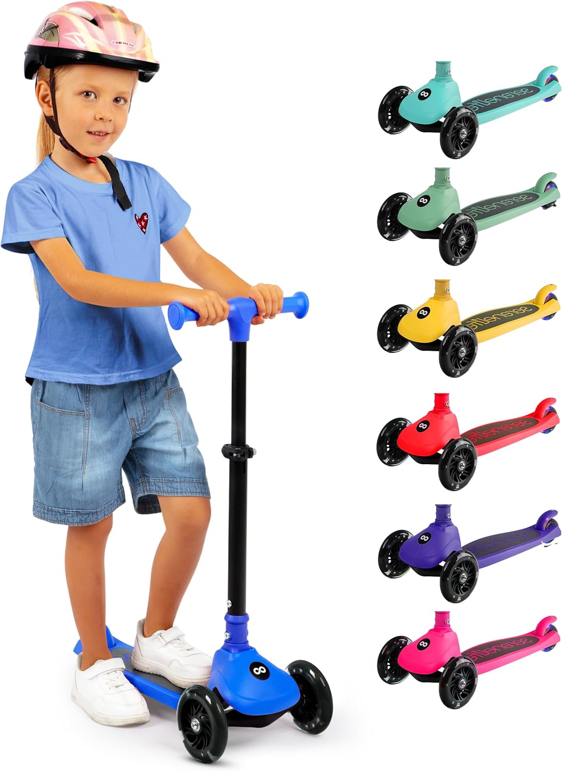 SereneLife 3-Wheel Foldable Kids Scooter – LED Wheel Lights, Adjustable Handlebar, Rear Foot Brake, Lean-to-Steer, Anti-Slip Deck – Ideal for Toddlers & Kids 3+, up to 110 lbs