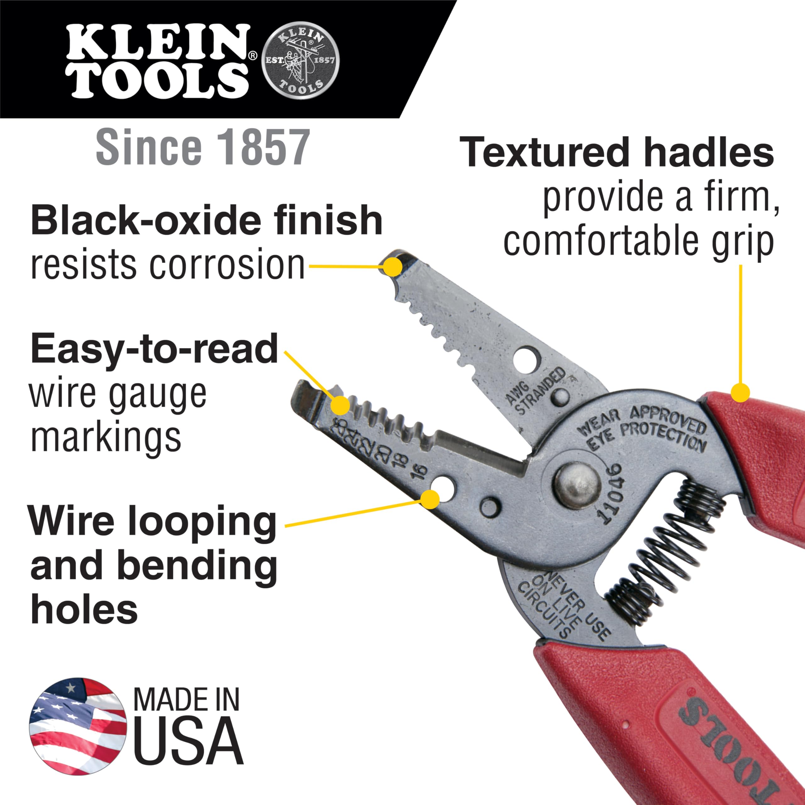 Klein Tools 11046 | Pinza spelafili 0,2–1 mm² | Punta stretta | Fori per asole | Lame tipo forbice | Impugnature testurizzate | Finitura nera resistente