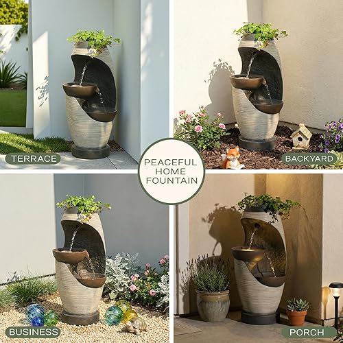 Miniatura 5 de Fuente de agua de 2 niveles con luces LED, 27.95 pulgadas de alto, fuente de cascada de jardín independiente para exteriores e interiores