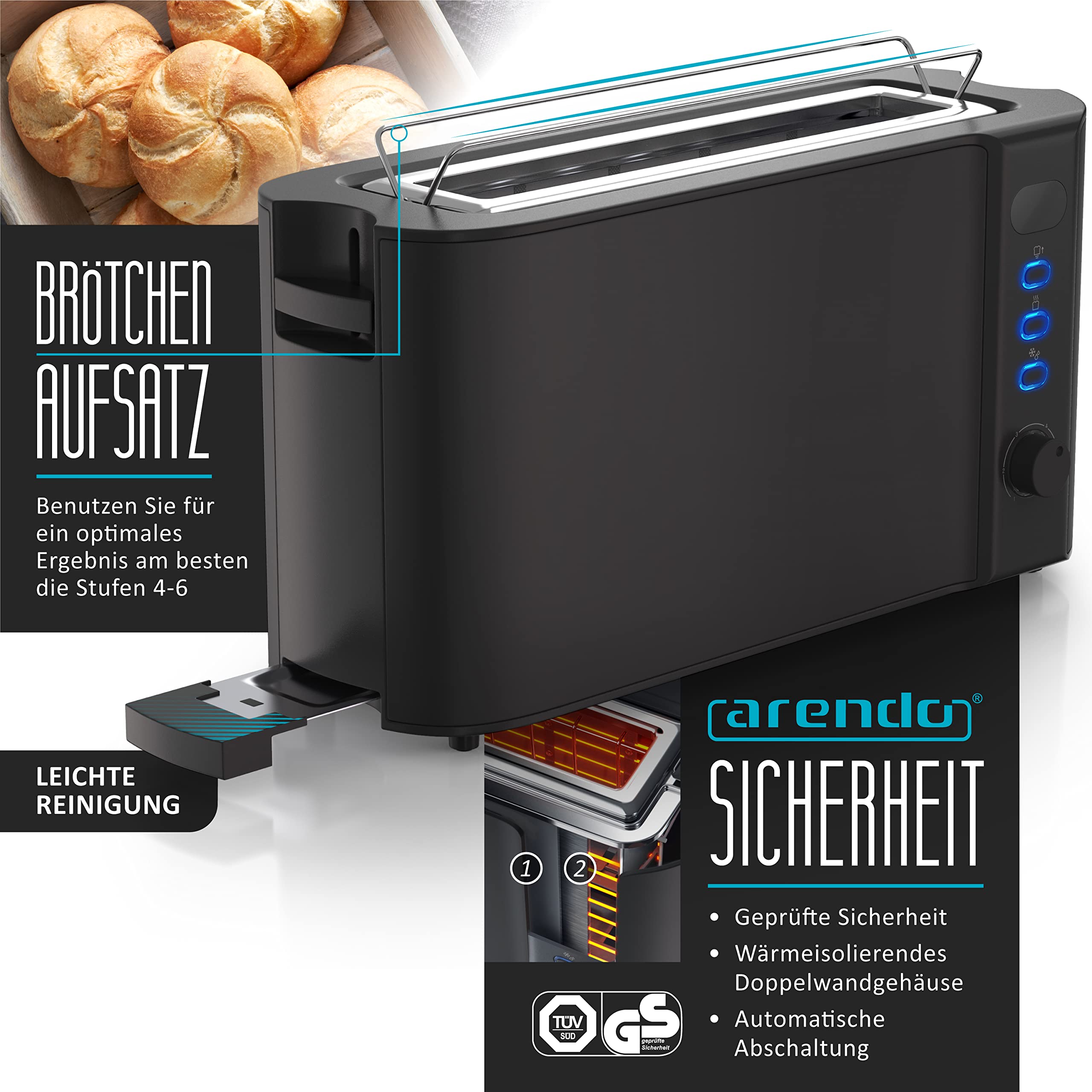 Arendo Wasserkocher Toaster SET Edelstahl Schwarz 1,5L 40-100°C Warmhaltefunktion 2 Scheiben LED-Display 6 Bräunungsgrade Brötchaufsatz