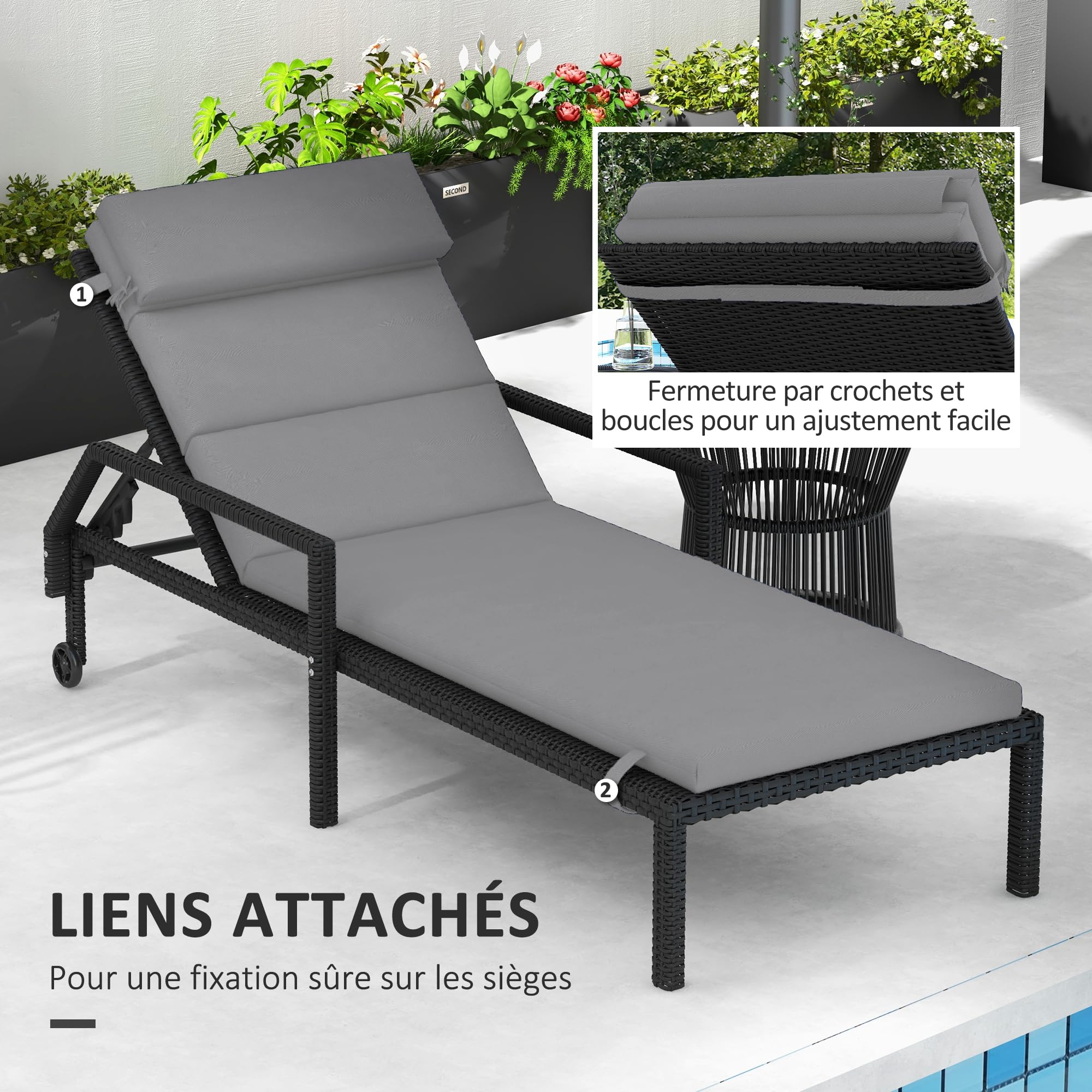 Outsunny Coussin d'Extérieur pour Chaise Longue 196 x 63 cm Gris Clair | Coussin Bain de Soleil Rectangulaire, avec Appui-Tête et Liens, Déperlant