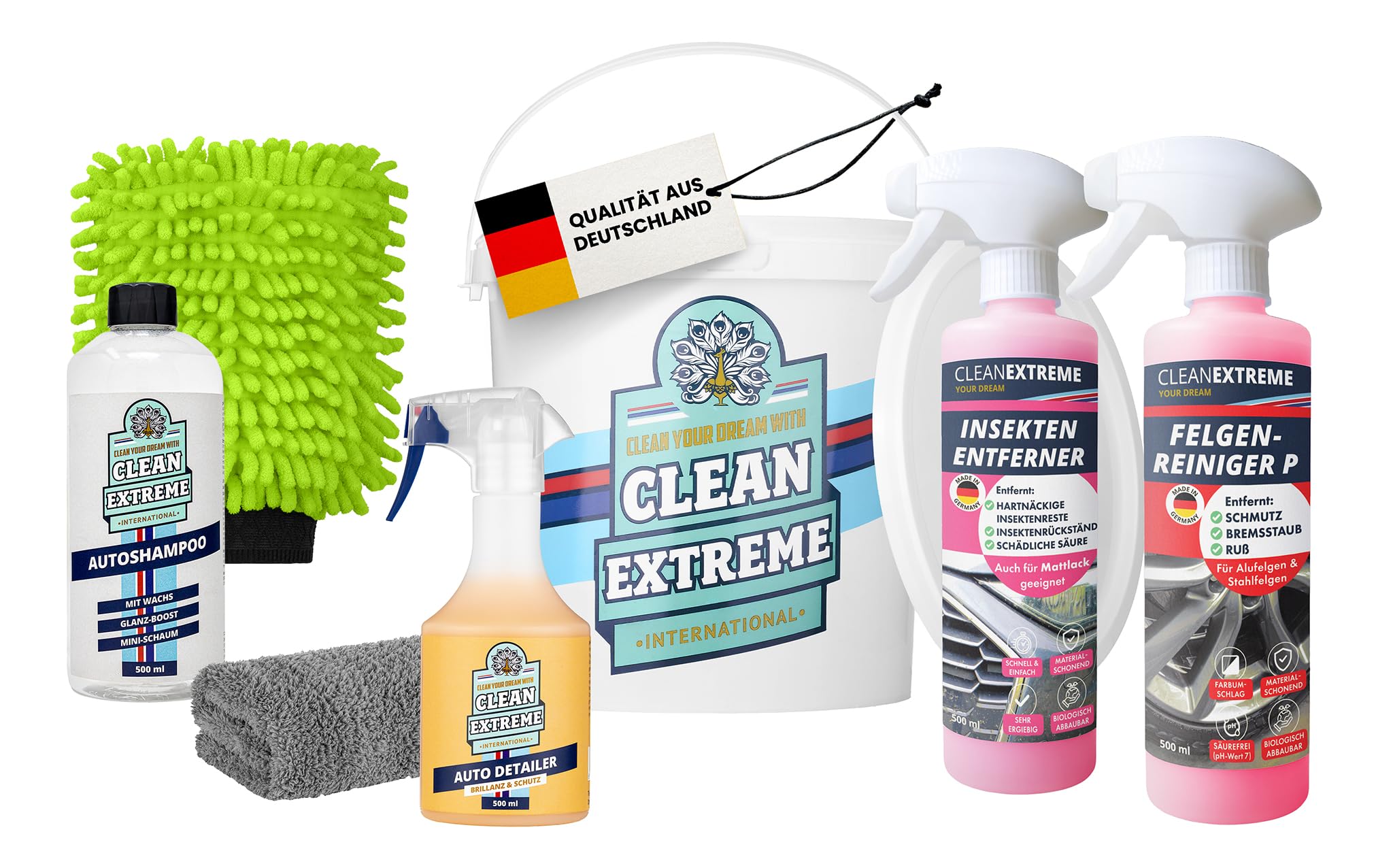 Autopflege Set Base 6-teilig mit 10L Wascheimer & Deckel | Premium Autowäsche Set für Glanzlack & Glanzfolie - Inkl. Autoshampoo, Felgenreiniger, Insektenentferner & Detailer