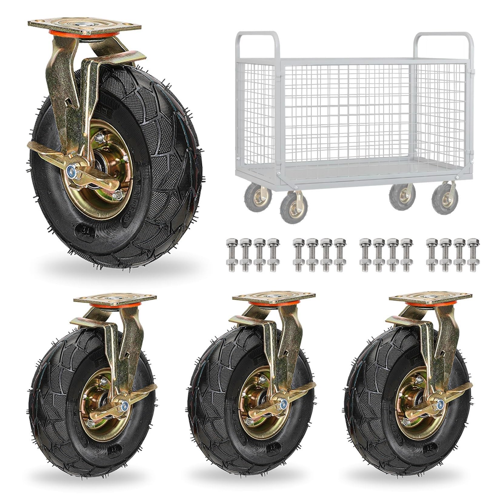 ZGUOUZANTYE 8/10in Heavy Duty Industrial Fixed Caster With Brakes Silent Shock Absorption Air Filled Rubber Wheels For Carts Furniture Workbench 4pcs(Brake,250mm)