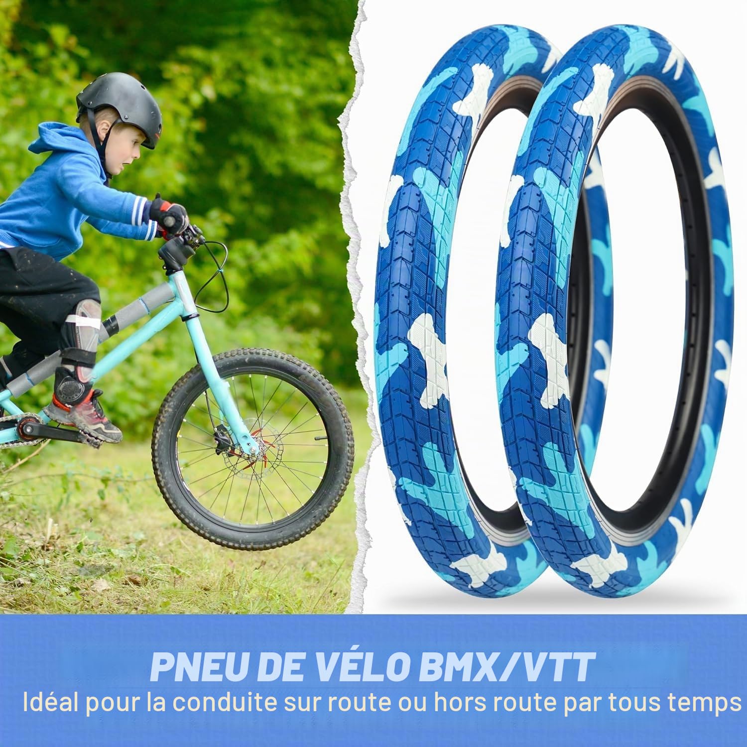 ZUKKA Lot de 2 pneus de vélo 20 x 2,125 - Bleus - 54-406 (20 x 2,125) - Pneus de vélo BMX avec chambres à air - Pour enfants - Bleu - 20" - Convient pour les vélos BMX pour enfants