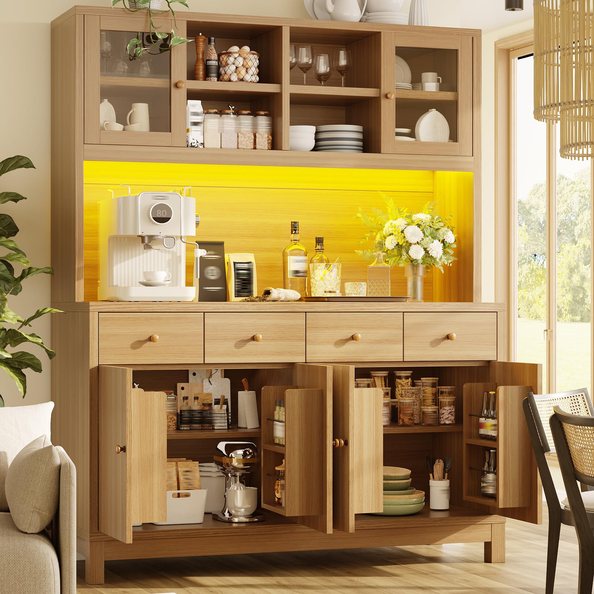 Credenza Cucina Alta con Luce LED, Mobiletto Soggiorno Ristorante
