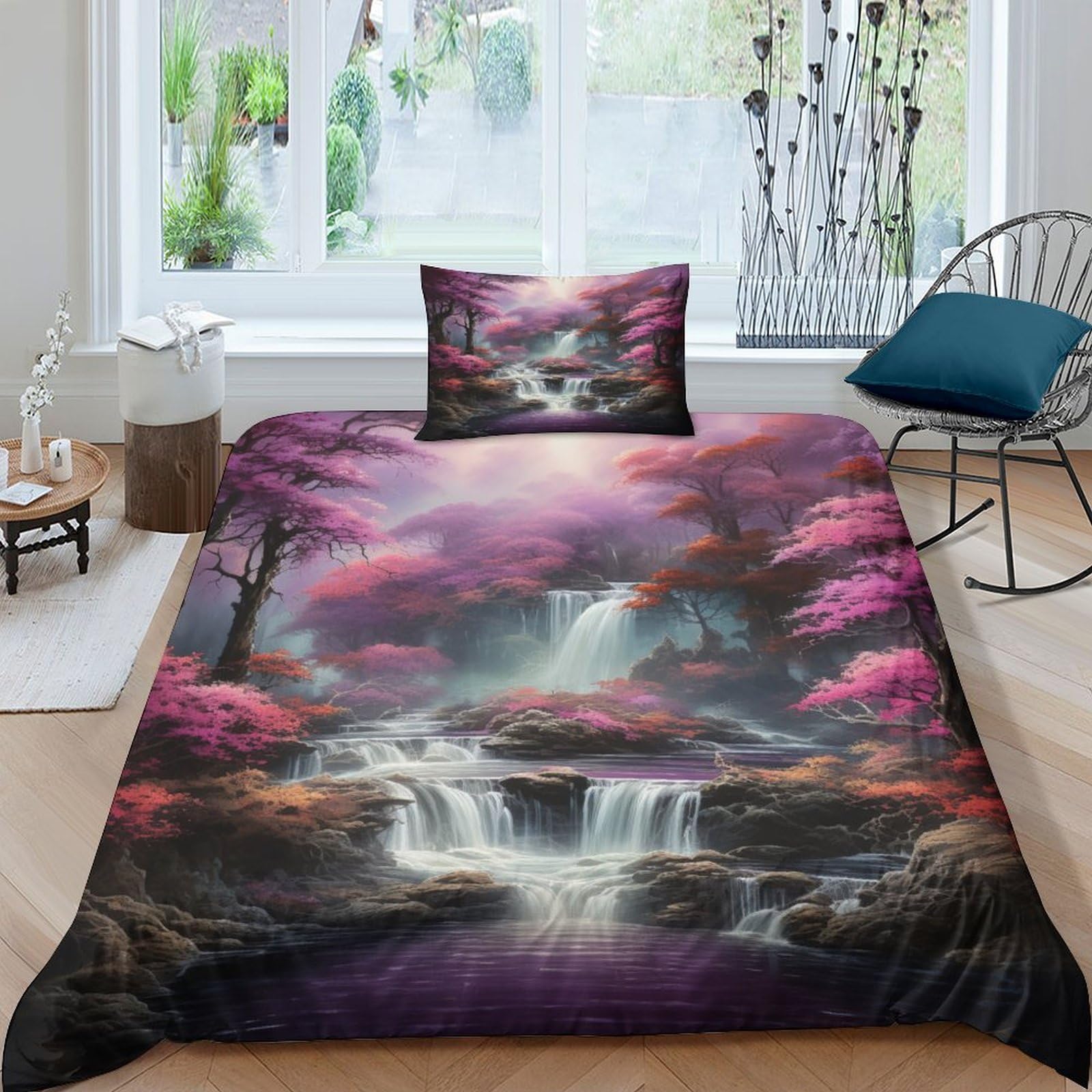 Parure de lit 135x200 cascade forestière avec housse de couette 3D
