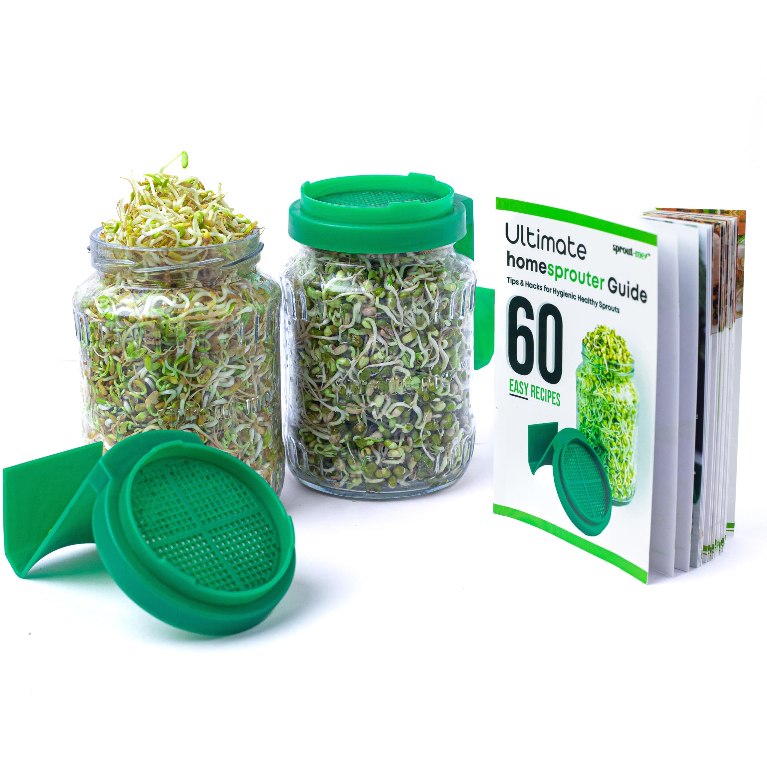 sprout-me Combo Of 2 Sprouts Maker Box Jar With Printed Recipe Books (60 Healthy Recipes Of Sprouting) | Glass Sprout Jar With Mesh Lid & Built In Drainage Stand, 720 Ml Pack Of 2