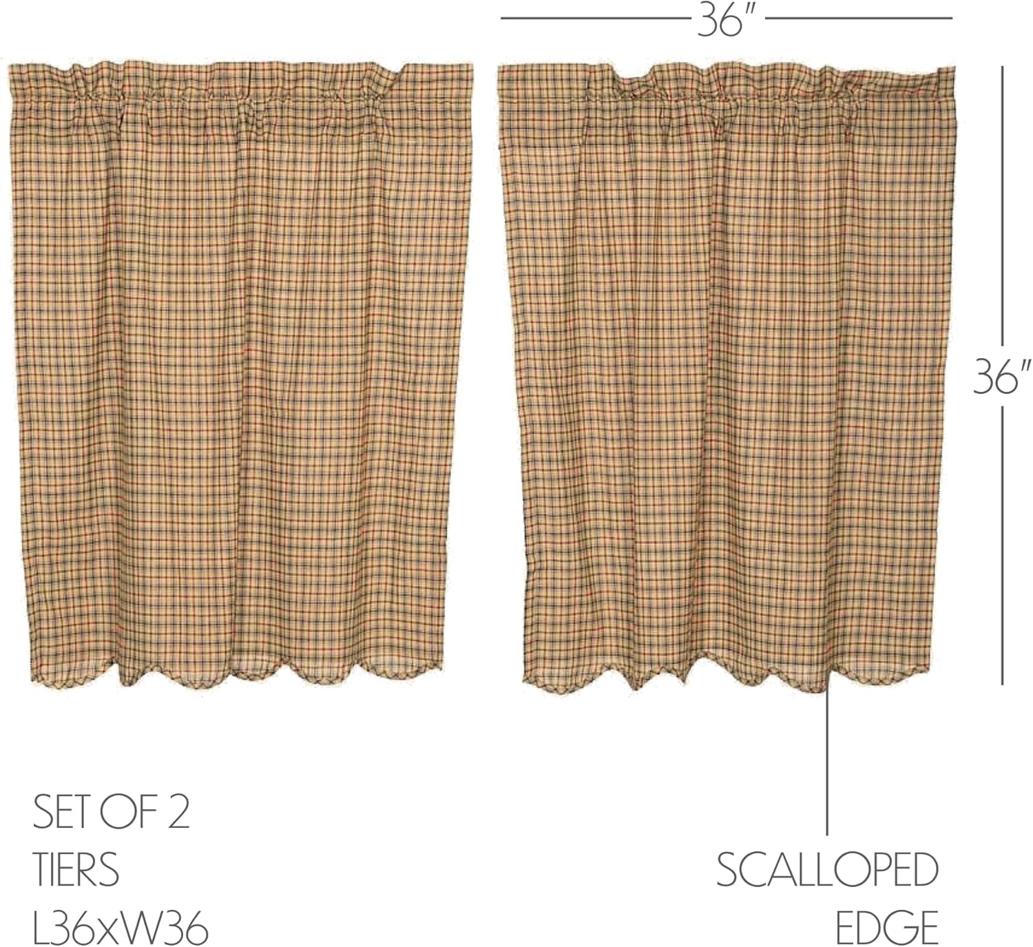 VHC Brands Millsboro Plaid Cotton Rustic Kitchen Curtains Rod Pocket 36x36 Tier Pair, Khaki Tan