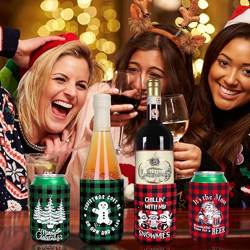 Miniatura 7 de Whaline 12 fundas para enfriar latas de cerveza de Navidad, color rojo, verde, negro, a cuadros, para bebidas, botellas, suministros de decoración