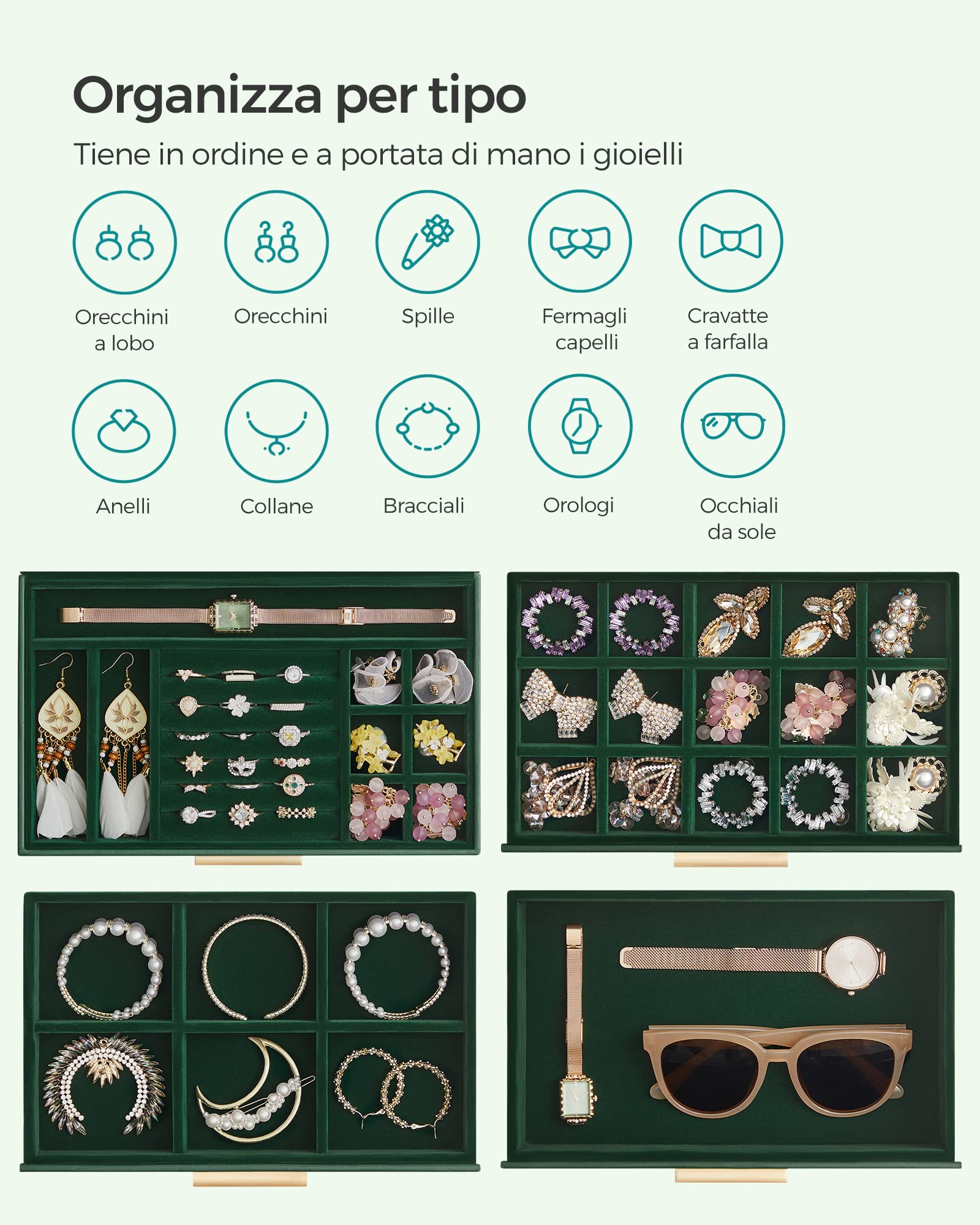 SONGMICS Scatola Portagioie, 4 Livelli, Coperchio in Vetro, 3 Cassetti, Porta Gioielli, Occhiali da Sole e Accessori Grandi, Moderno, Verde Foresta e Dorato JBC161G01