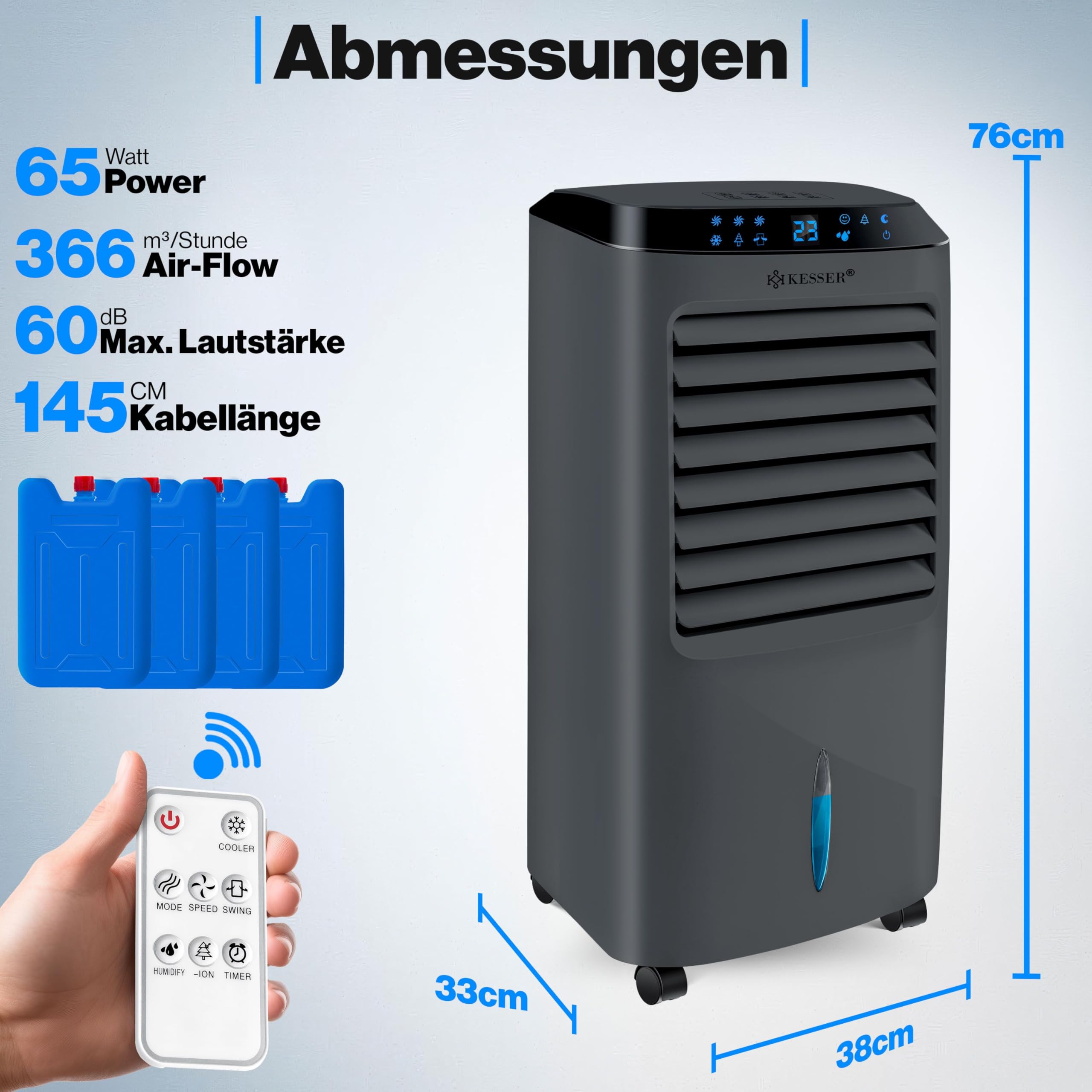 KESSER® Aire acondicionado portátil 4 en 1 – Air Cooler con mando a distancia y temporizador, depósito de agua de 10 litros, ionizador y humidificador, ventilador de aire acondicionado sin manguera de