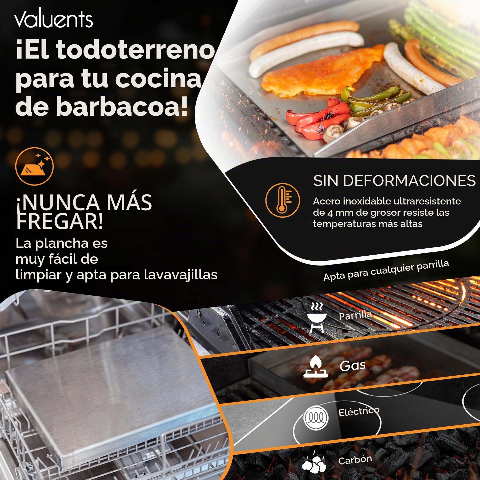 Plancha – Plancha Placa de Acero Inoxidable Grueso & Acero Inoxidable – 30 x 20 cm – Adecuado para barbacoa de gas y barbacoa de carbón + Plus: cepillo y espátula para barbacoa, GP-BBQ-300