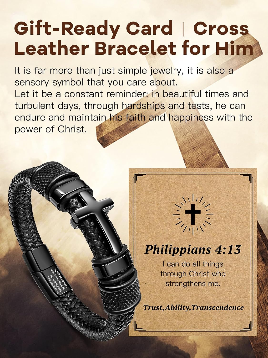 Cross Cuff Bracelet for Men Black Leather Stainless Steel Verse Bracelet image 5