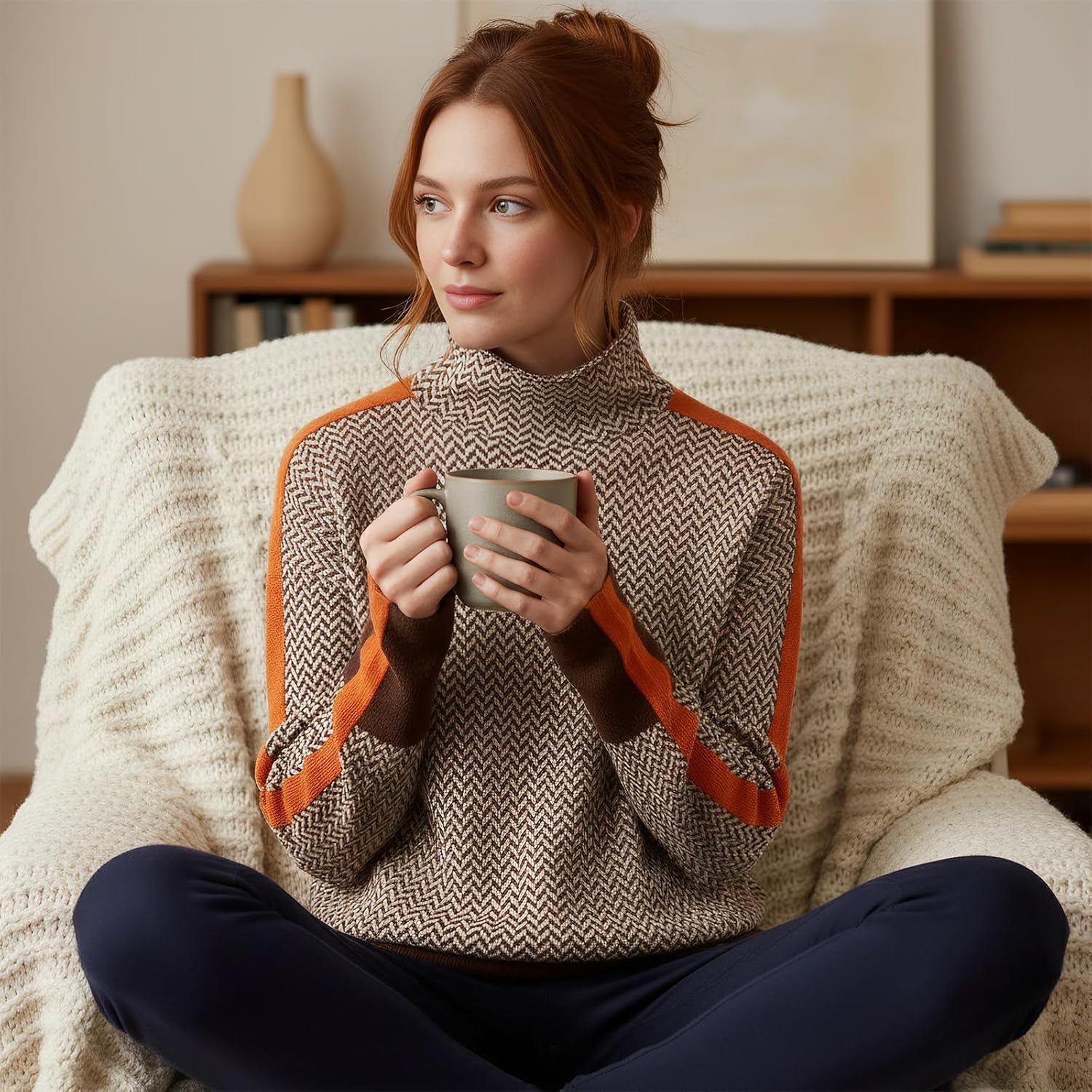 Ihigh Neck Sweater for Women, Stack Collar Herringbone Pattern Sweater, Vintage Patchwork Knitted Pullover Tops