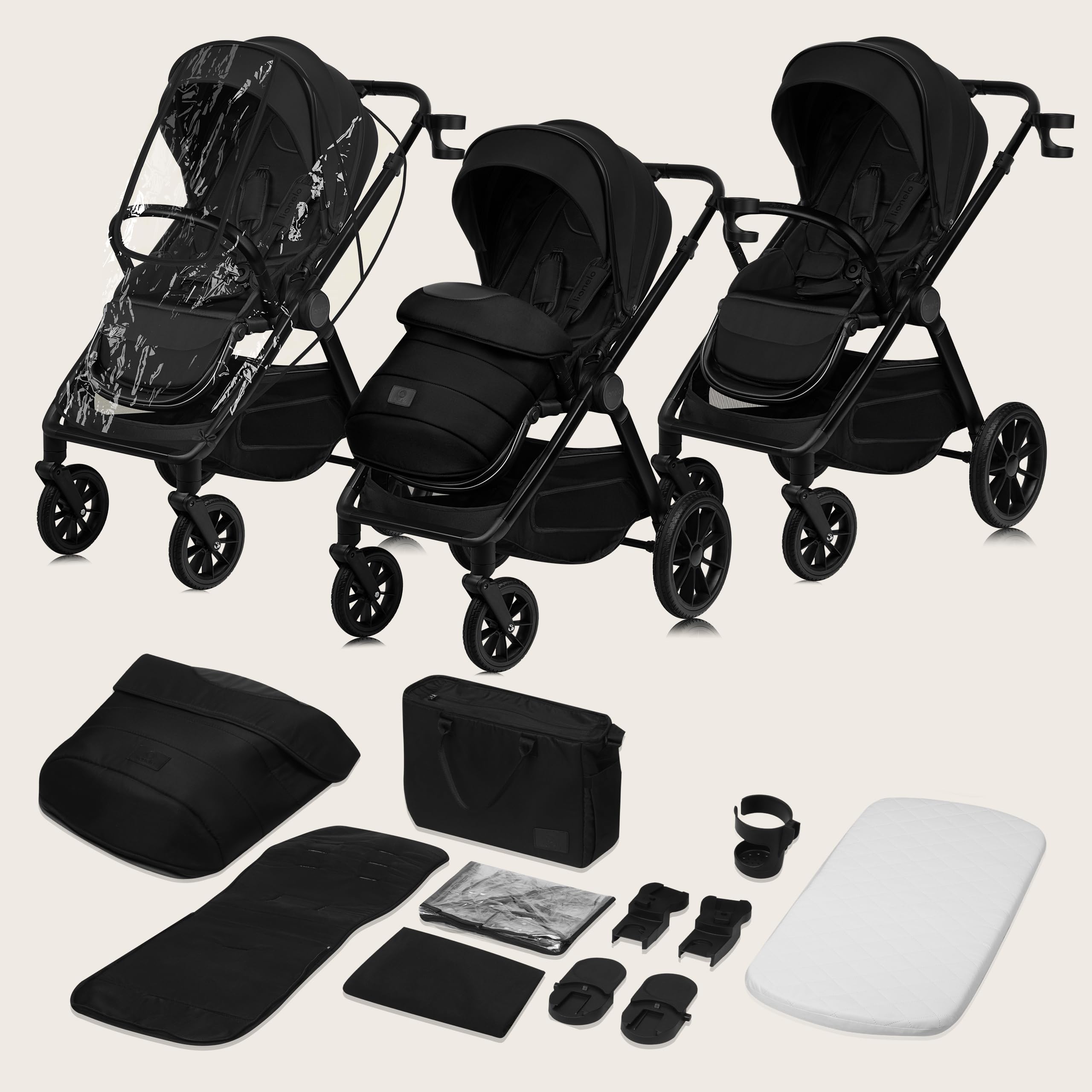 Lionelo Layla Kinderwagen 3 in 1 (0-4 Jahre, 0-22 Kg) Reisesysteme Set mit Babyschale I-Size 40-87 Cm, Babywanne und Sportsitz, Liegeposition, Federung, PU-Räder, UPF50+ Verdeck