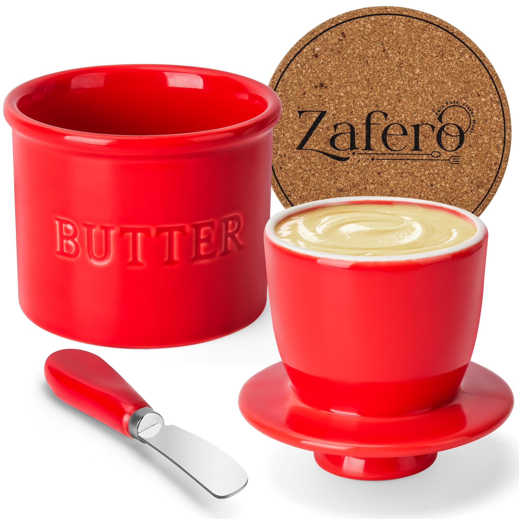 Zafero Butter Crock - Butter Dish with Lid for Countertop, with Knife & Coaster, Get Spreadable Butter Container, French-Style Ceramic Butter Holder Keeper for Fresh Butter to Leave on Counter (Red)