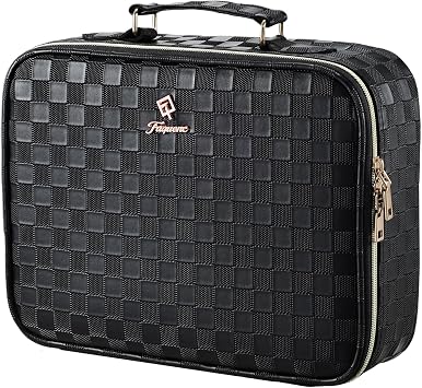 Faquenc Makeup Bag with LED Lighted Mirror 12.2 IN Travel Makeup Bag Adjustable Brightness in 3 Colors Cosmetic Organizer Artist Storage Bag with Dividers Brush Holder Bag Vanity Black Checkerboard