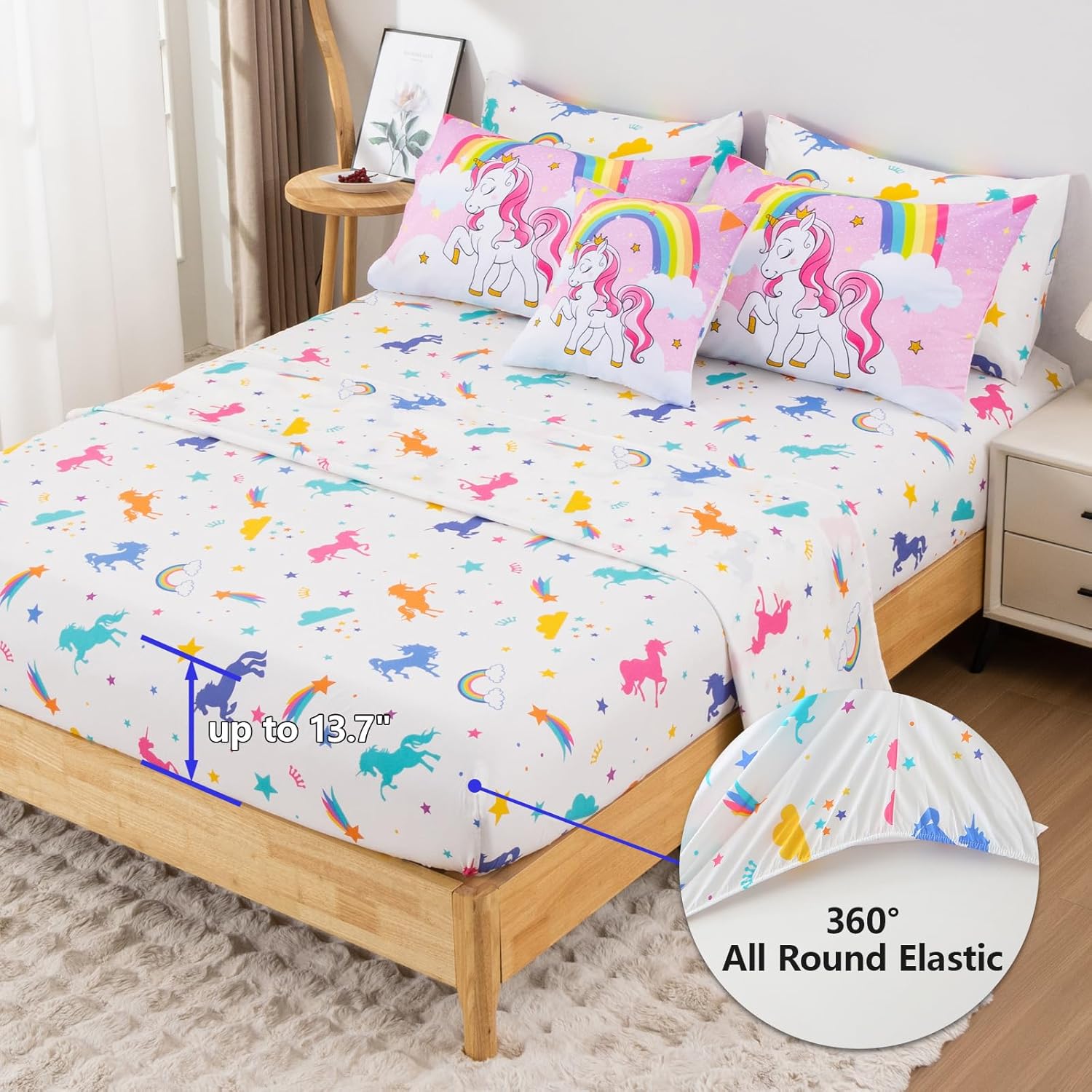 Unicorn Twin Bedding Sets for Girls Kids Teens, 6 Piece Bed in a Bag Purple Rainbow Theme Unicorn Comforter Set Bedroom Decor with Printed Sheet Set