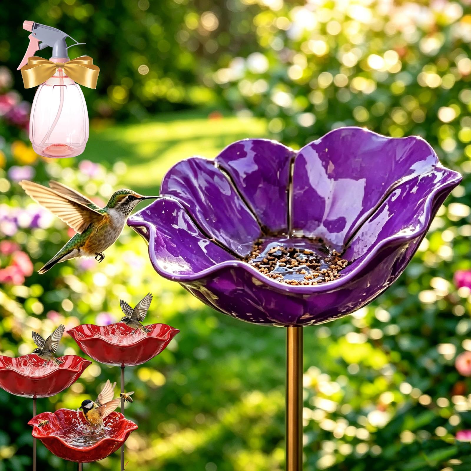 Snrtevu 2026 New Handmade Metal Flower Garden Stake, Metal Flowers For Garden, Metal Flower Garden Stake Bird Feeder, Flower Bird Bath Ground Plug Design For Yard, Lawn & Patio Decor (1, Purple)
