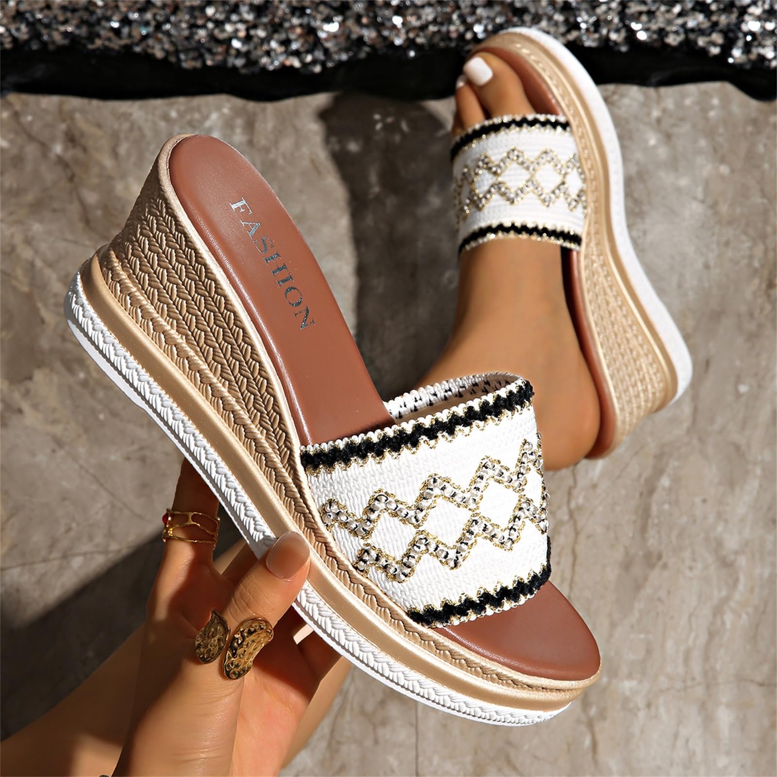 Chanclas de Cuña Sandalias con Cuña de Tejido y Suela Antideslizante, Diseño Sencillo de Banda Ancha, Parte Superior Transpirable para Diario