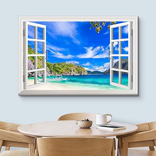 Miniatura 3 de wall26 Lienzo impreso para pared, vista de ventana a barco y playa tropical, isla de naturaleza, desierto, fotografía, realismo, paisaje rústico,