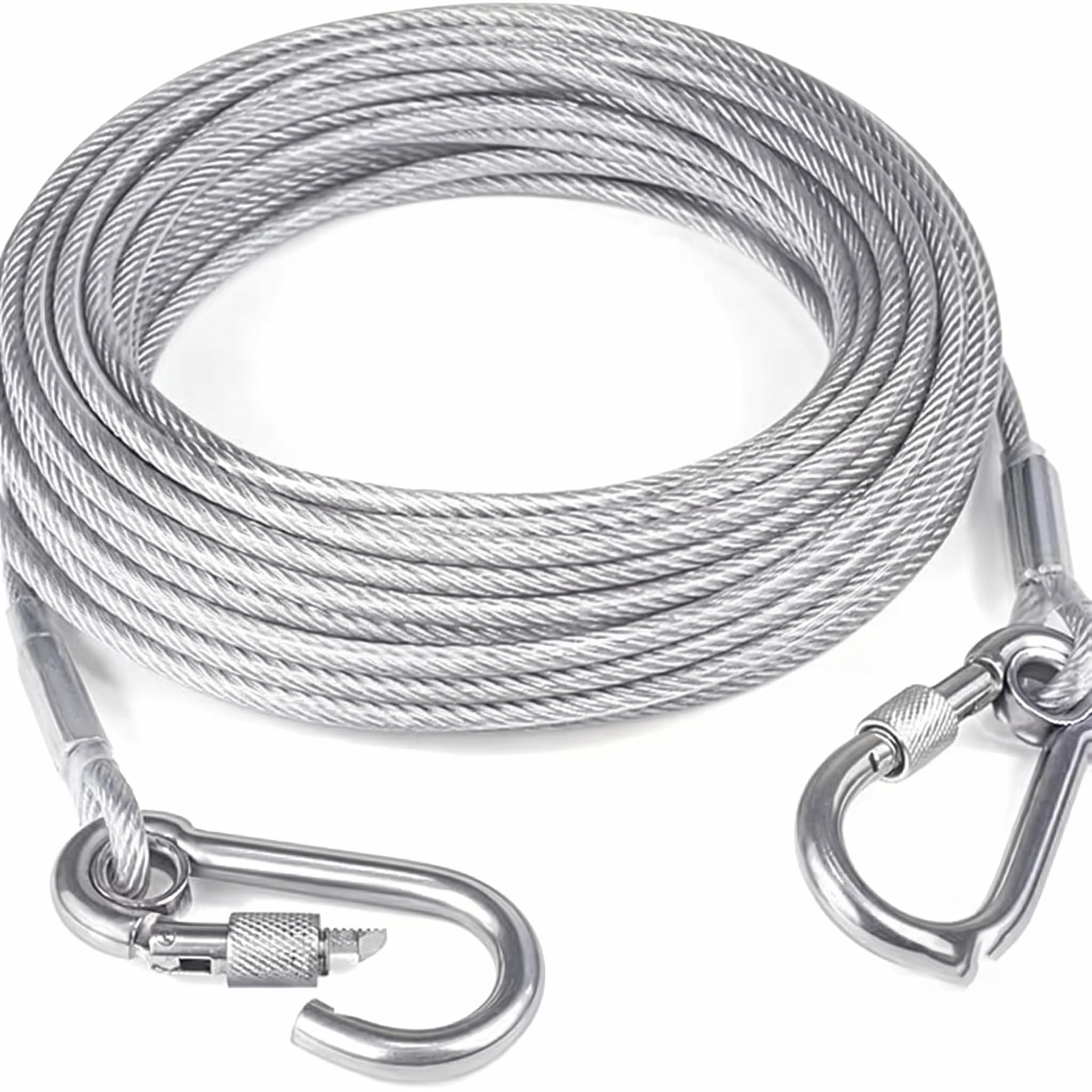 Heavy-Duty Stainless Steel Wire Rope Cable with Double-Lock Carabiner, 7x19 Strand, 15M, for Dog Runs and Utility Use-image-49