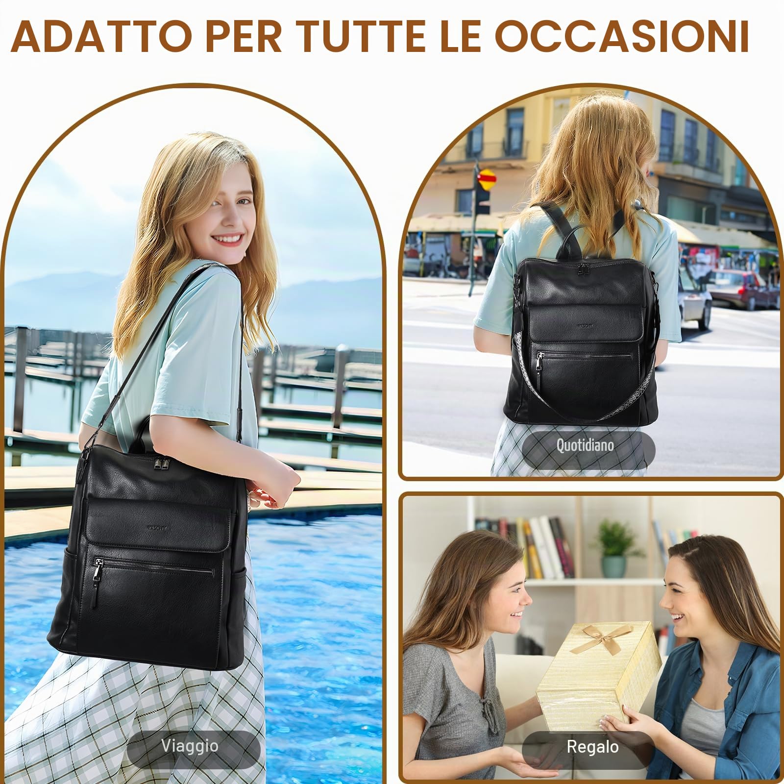 VASCHY Zaino Donna con Portafoglio,Zainetto Donna Pelle Borsa Zaino Donna Elegante Zaini da Donna Grande Zaino da Viaggio/Lavoro/Scuola/Università Nero