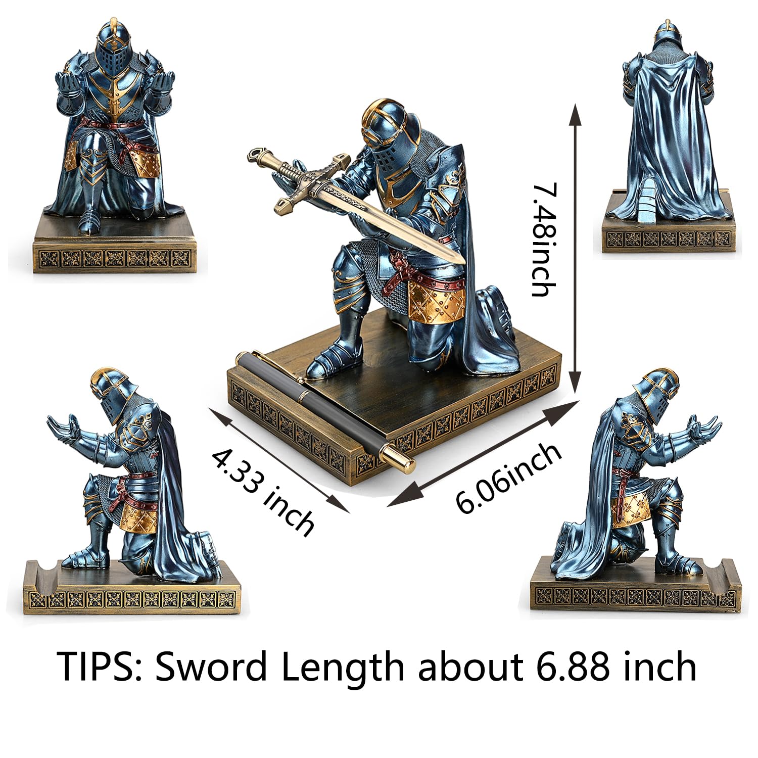 King's Guard Leader Cloak Warrior Knight Stifthalter Handyständer, Ornament Ritter Statue, Stiftständer Briefbeschwerer für Büro und Zuhause (Blau)