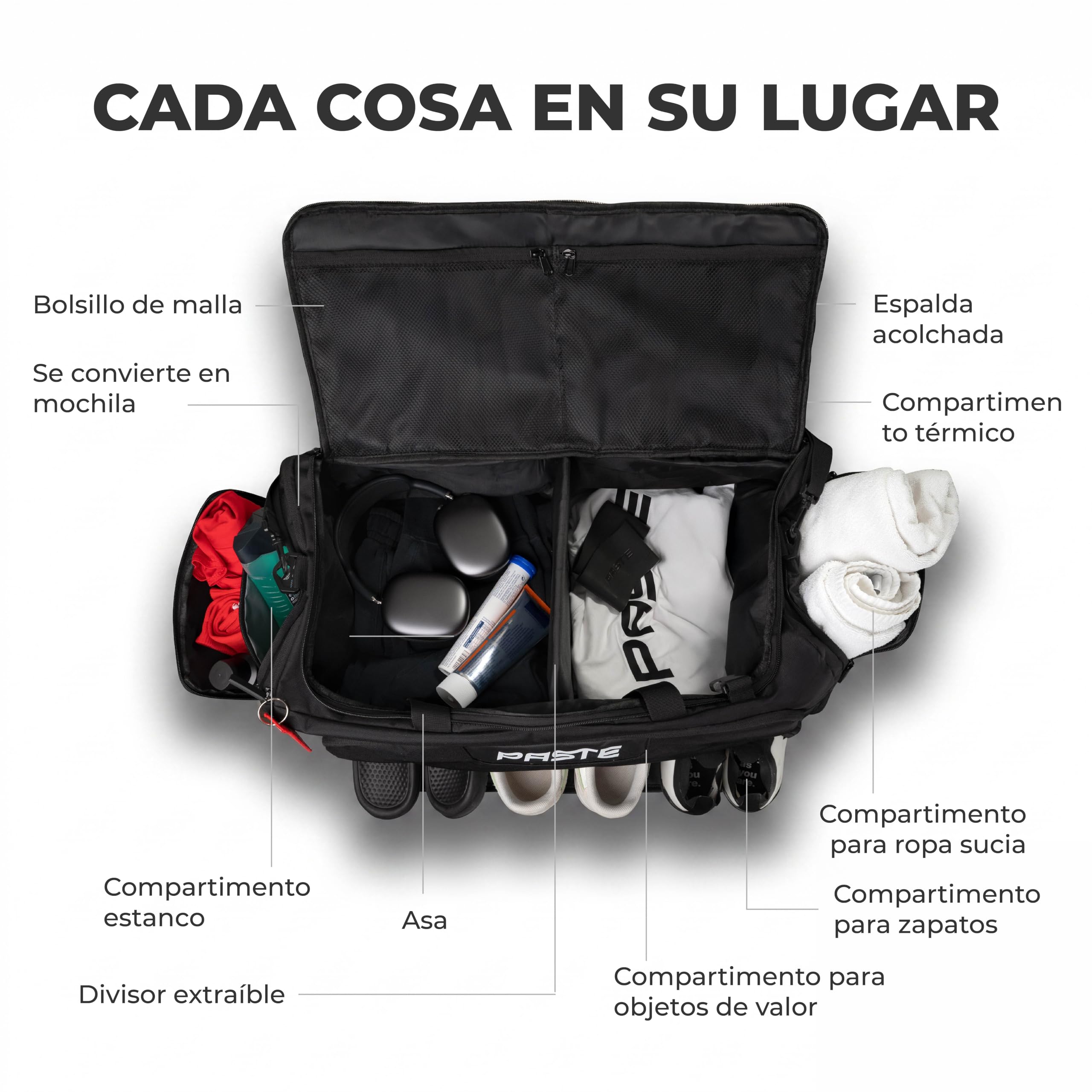 PASTE® - Bolsa Deporte 68L Hombre & Mujer con Función Mochila – Compartimento Zapatos, Isotérmico & Húmedo – Mochila Gym, Fútbol & Natación – Gym Bag & Bolsa de Viaje XL Negro