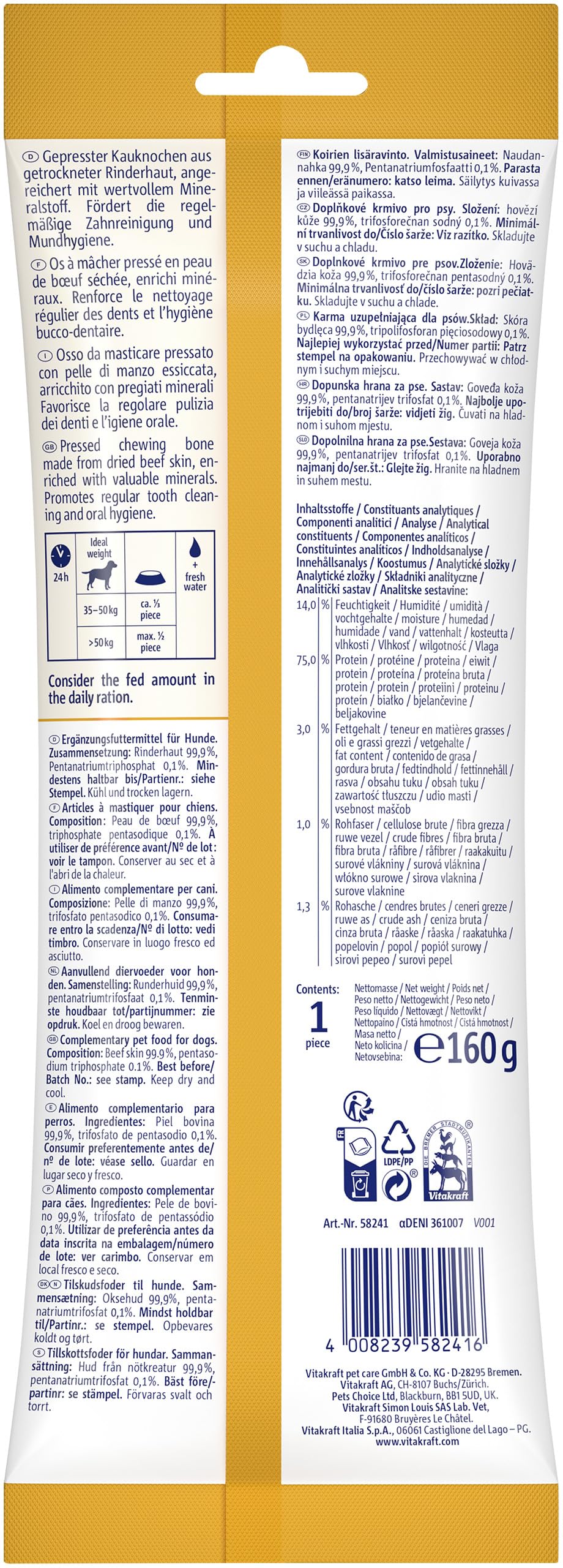 Vitakraft Dental Chews, Hundekauknochen, Kauknochen aus Rinderhaut, zur Zahnreinigung und Mundhygiene, ohne Zusatz von Zucker (8X 160g)