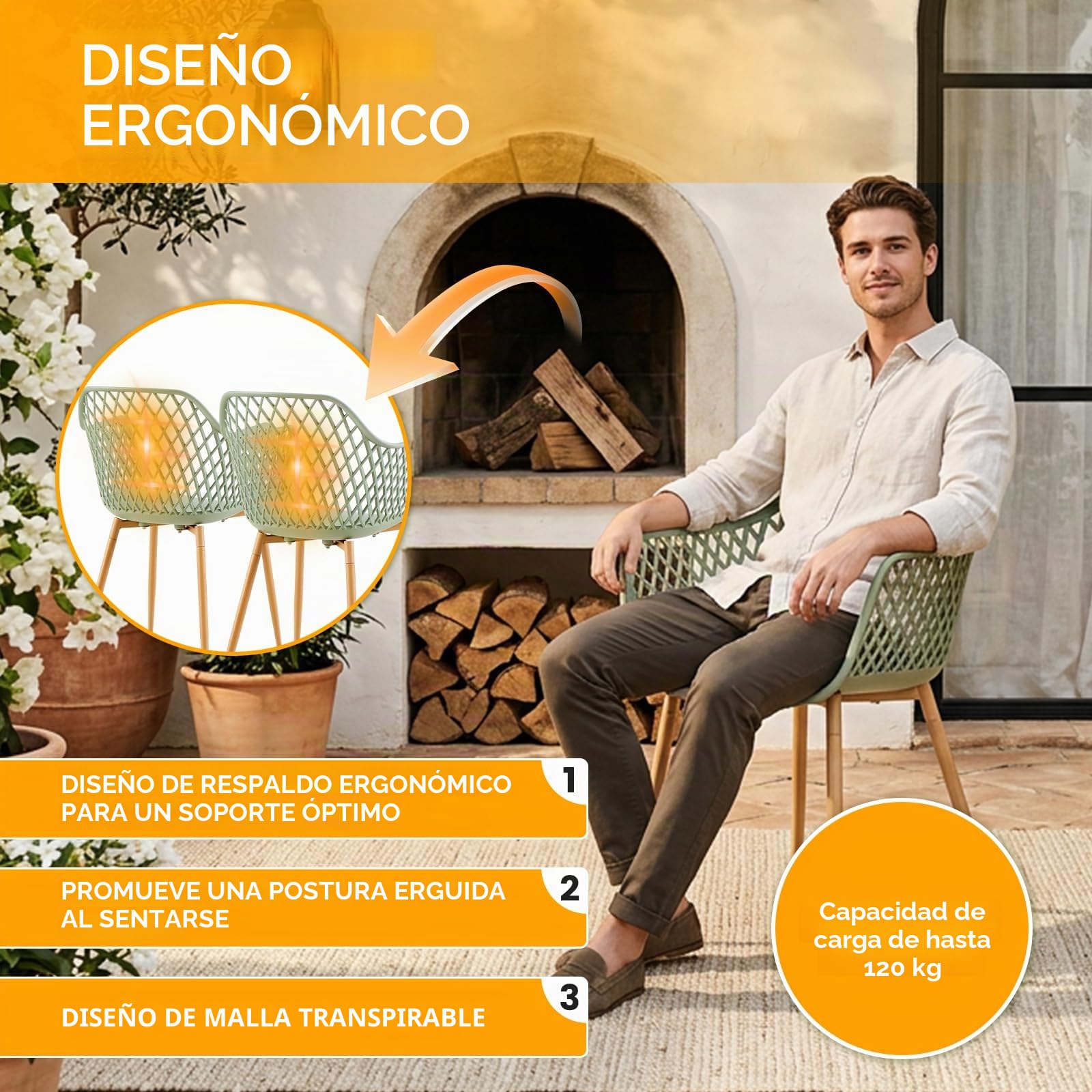 buybyroom Set de 6 sillas de jardín para exteriores, de plástico, para balcón con patas de metal, capacidad de carga 120 kg, color: gris/verde